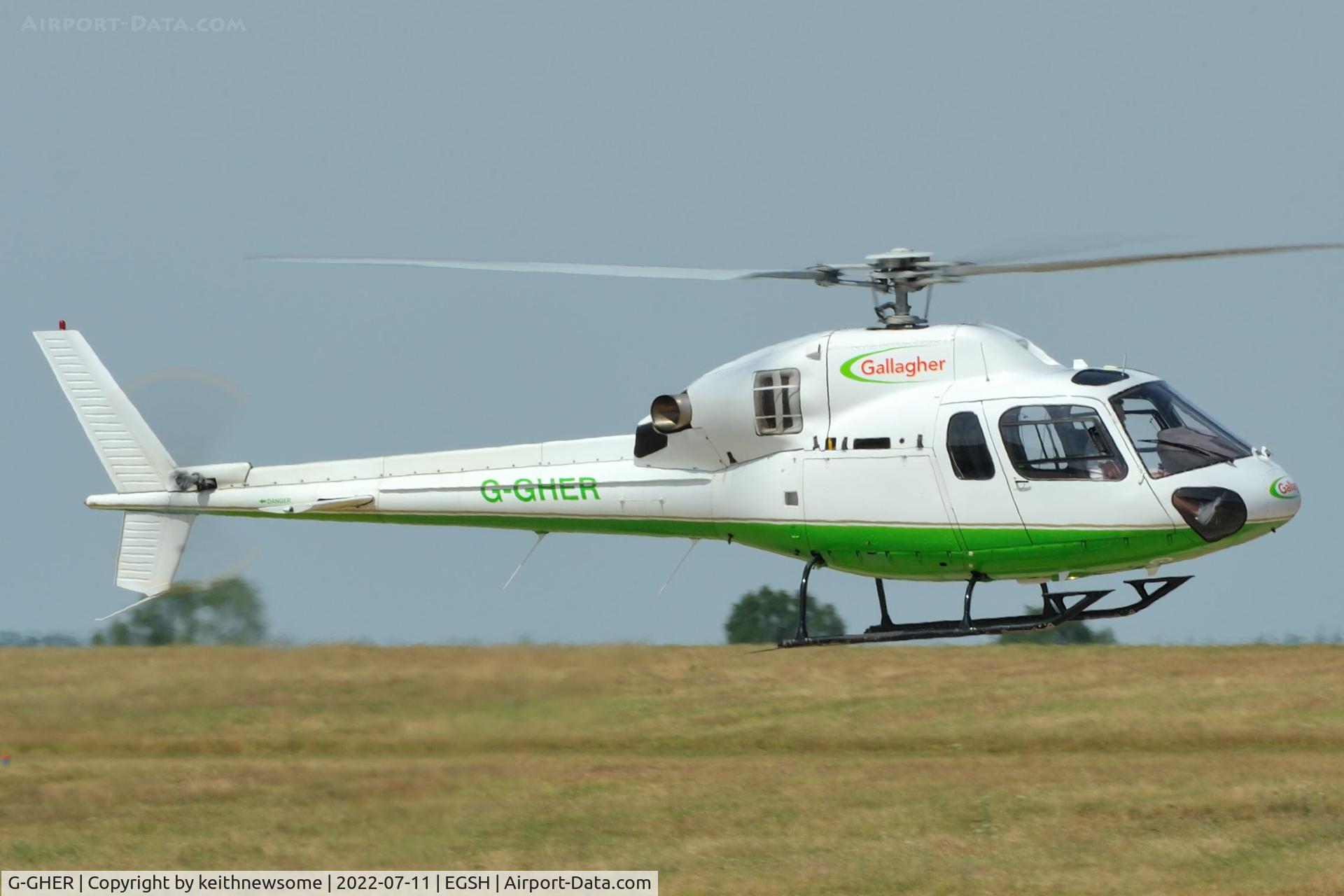 G-GHER, 1998 Eurocopter AS-355N Ecureuil 2 C/N 5658, Leaving Norwich.