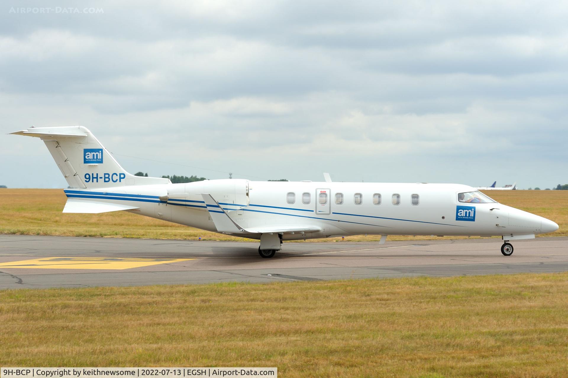 9H-BCP, 2005 Learjet 45 C/N 45-287, Leaving Norwich for Sardinia.