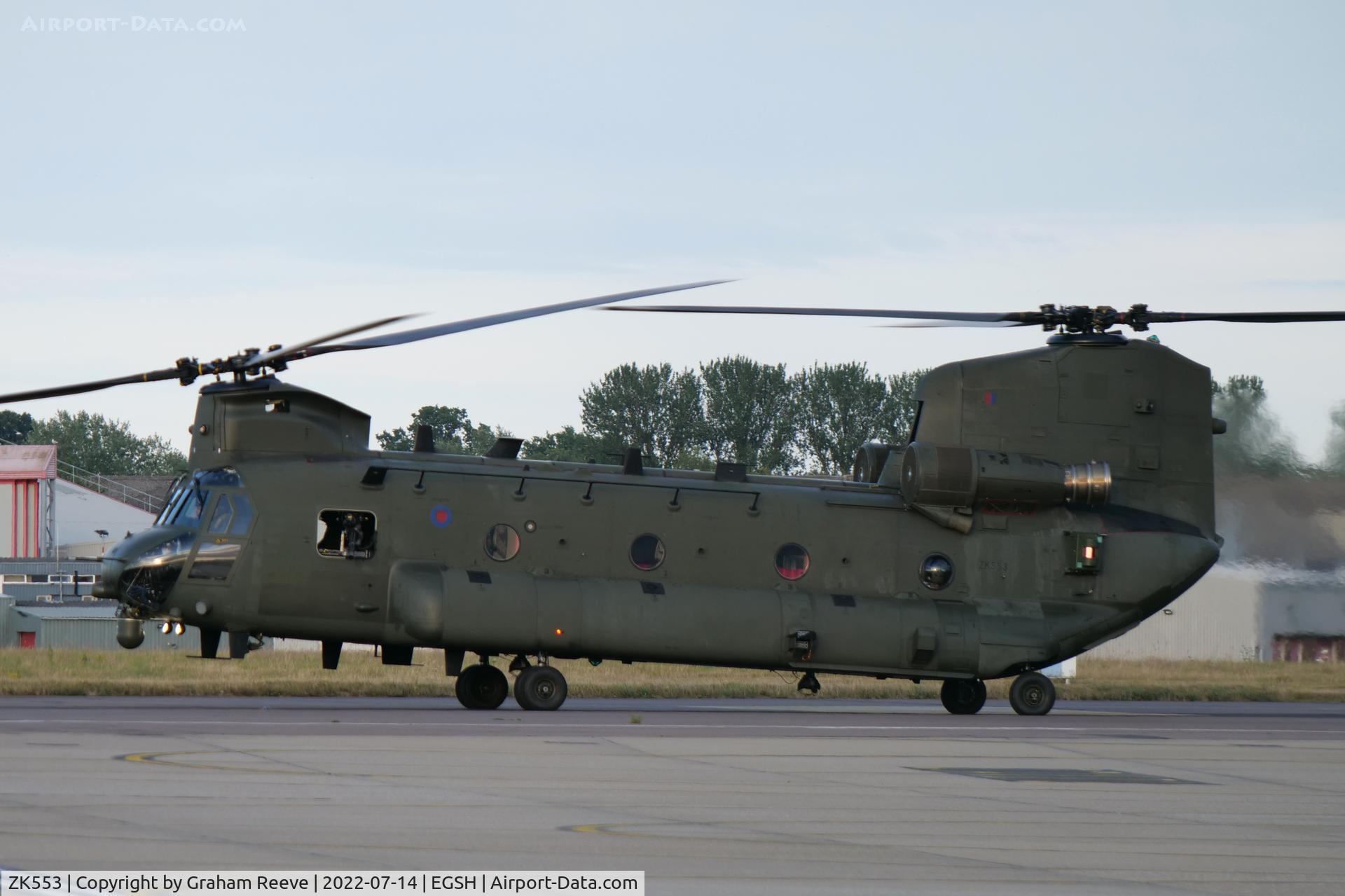 ZK553, 2012 Boeing Chinook HC.6 C/N M7704, Departing from Norwich.