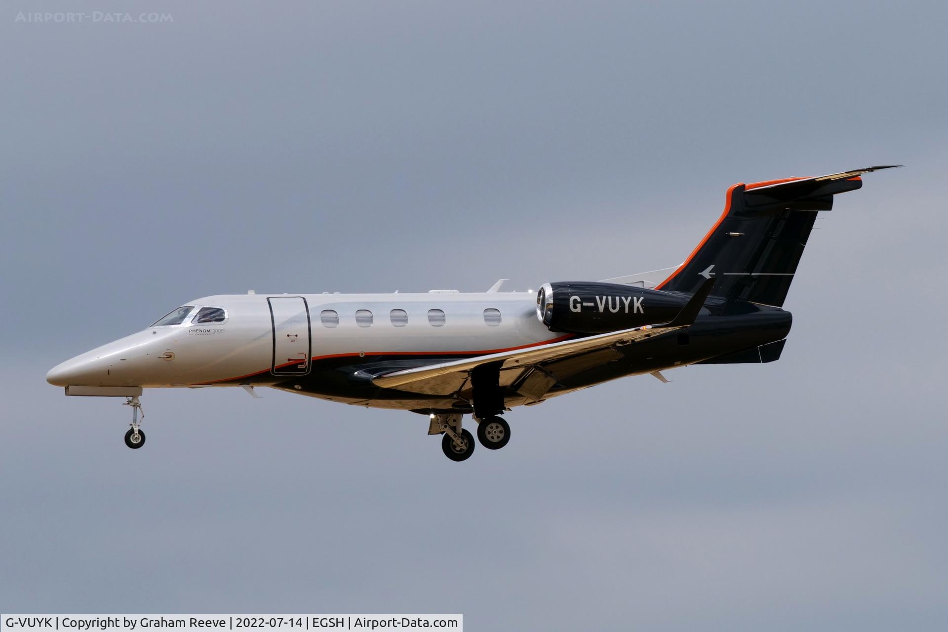 G-VUYK, 2022 Embraer EMB-505 Phenom 300 C/N 50500673, Landing at Norwich.