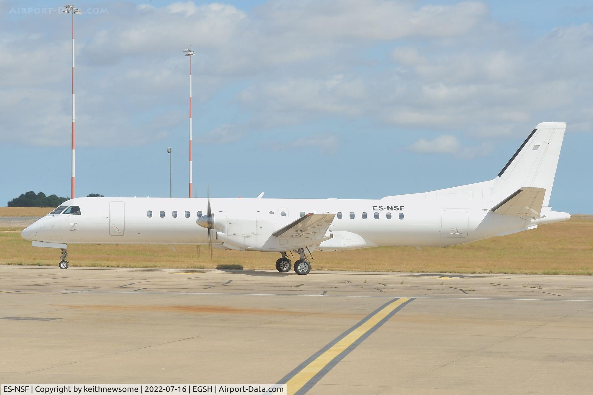 ES-NSF, 1996 Saab 2000 C/N 2000-039, Arriving at Norwich from Bucharest, Romania.