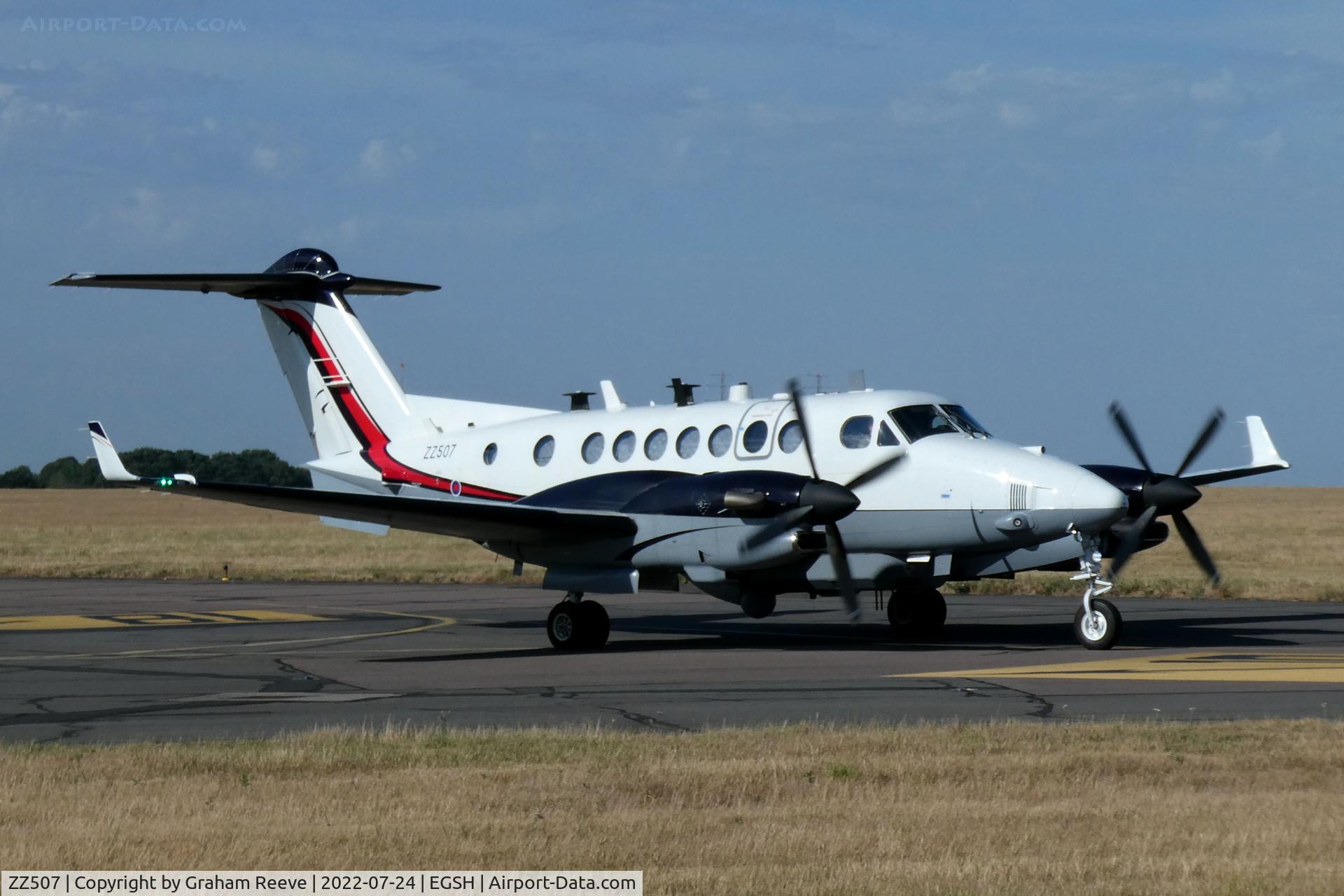 ZZ507, 2013 Beechcraft 350C Super King Air (B300C) C/N FM-55, Departing from Norwich.