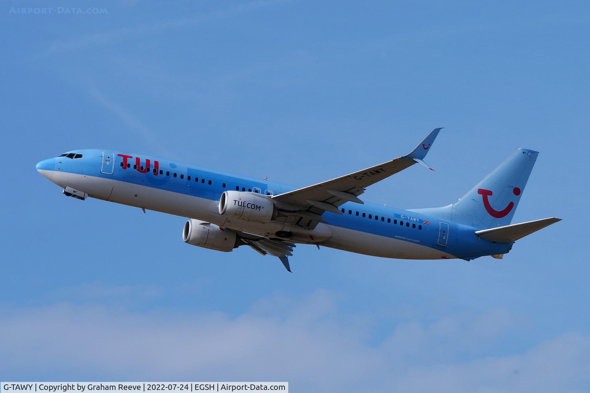 G-TAWY, Boeing 737-8K5 C/N 37246, Departing from Norwich.