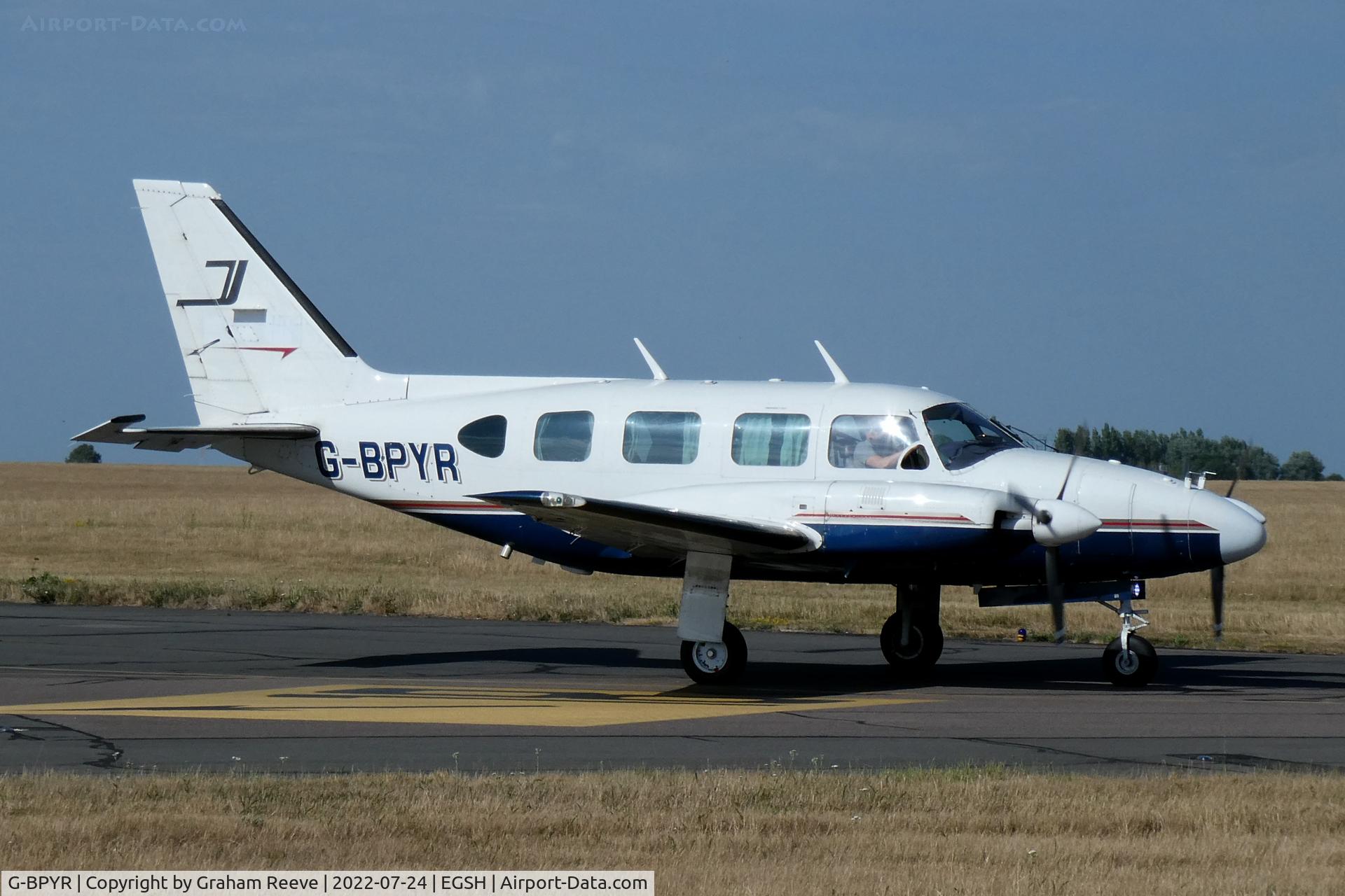 G-BPYR, 1977 Piper PA-31-310 C Navajo C/N 31-7812032, Departing from Norwich.