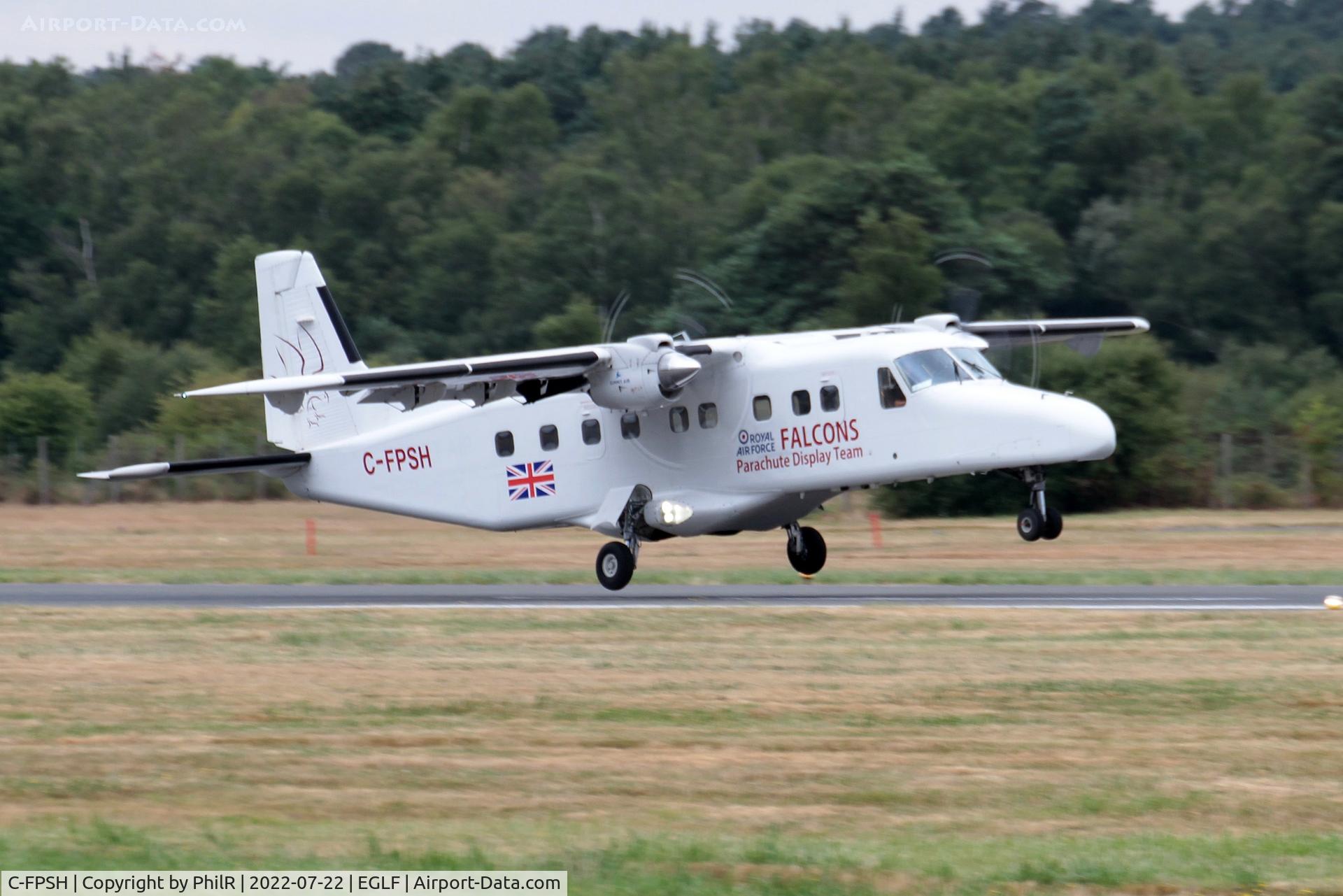 C-FPSH, 1986 Dornier 228-202 C/N 8071, RAF Falcons Parachute Display Team aircraft 2022 season landing at Farnborough for their display which was cencelled due bad weather