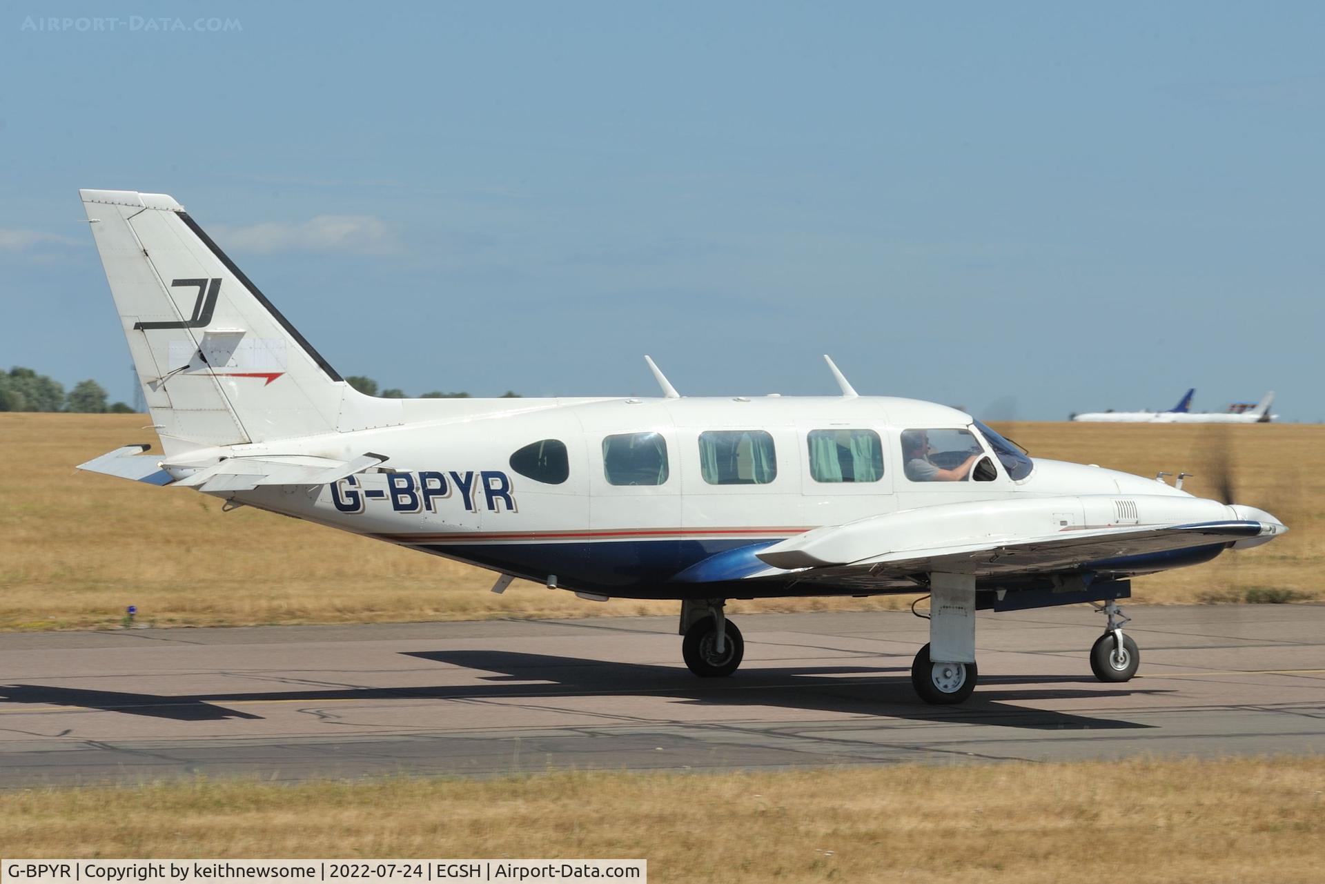 G-BPYR, 1977 Piper PA-31-310 C Navajo C/N 31-7812032, Leaving Norwich for Doncaster.