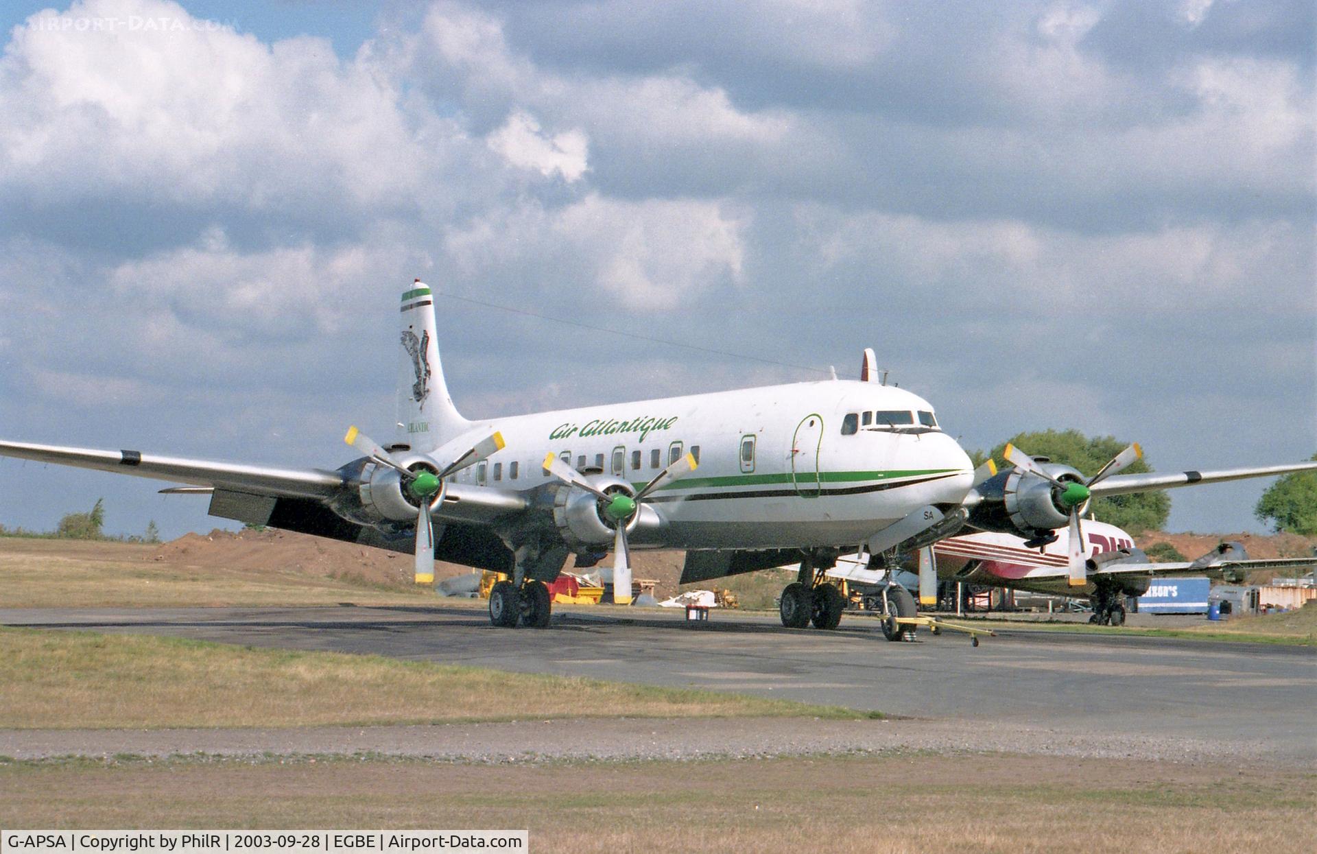 G-APSA, 1958 Douglas DC-6A C/N 45497, Latterly painted in her old British Eagle colours but grounded due to wing corrosion. Her fate is uncertain but believed destined for a museum at t Athan?