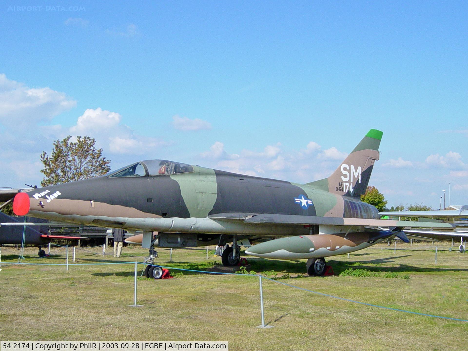54-2174, North American F-100D  Super Sabre C/N 223-54, Delivered to the USAF, transferred to the French Air Force, stored at Sculthorpe and loaned to the Midland Air Museum.