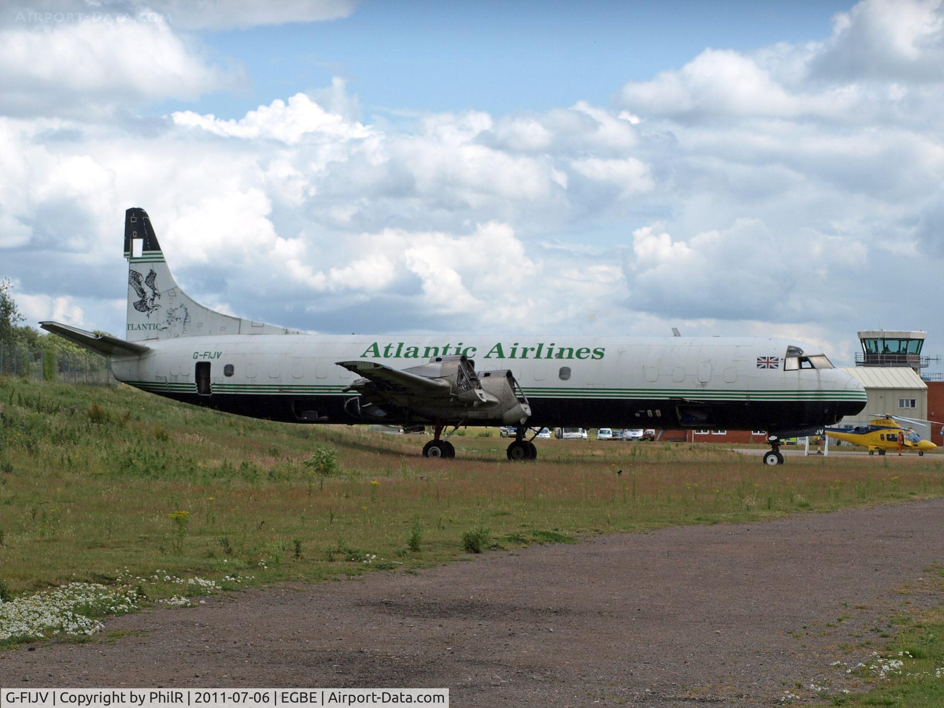 G-FIJV, 1961 Lockheed L-1883(F) Electra C/N 1129, 1961 airframe. Sold to Atlantic Airlines in 1998, withdrawn in 2007 and broken up at Baginton 2013.
