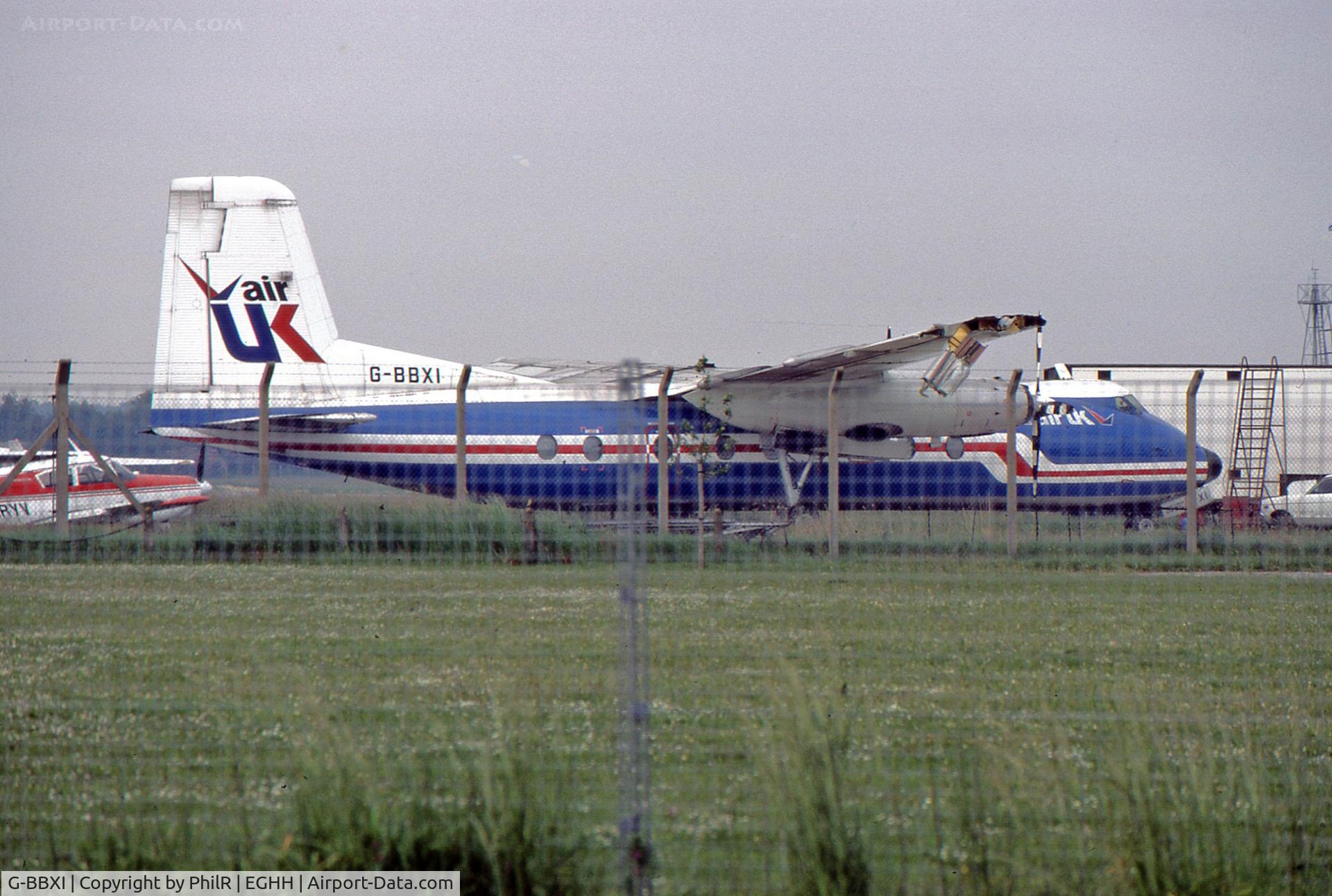 G-BBXI, 1964 Handley Page HPR-7 Herald 203 C/N 184, Parked at Bournemouth. Note the damage to the starboard wing tip after a taxying collision.