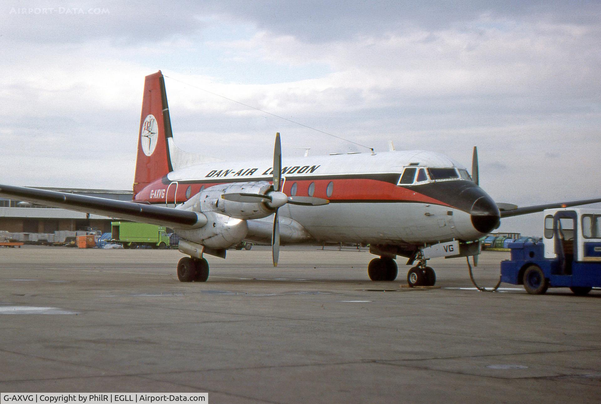 G-AXVG, 1966 Hawker Siddeley HS-748 Srs2/226 C/N 1589, Dan Air cargo charter loaded on the cargo ramp at LHR