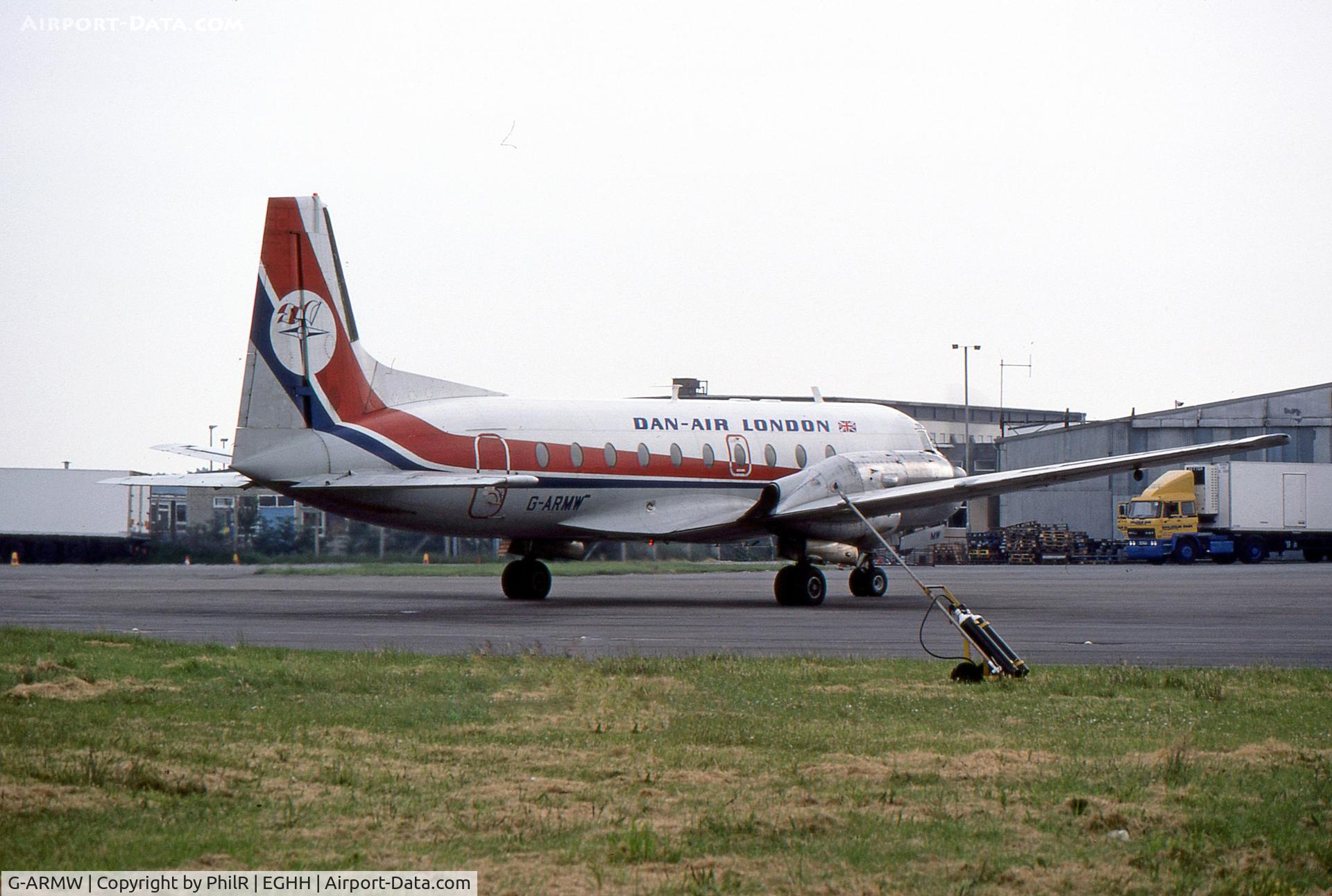 G-ARMW, 1961 Avro 748 Series 1 C/N 1537, Parked up at Hurn during a 1984 summer break operating the  Channel Islands schedule.