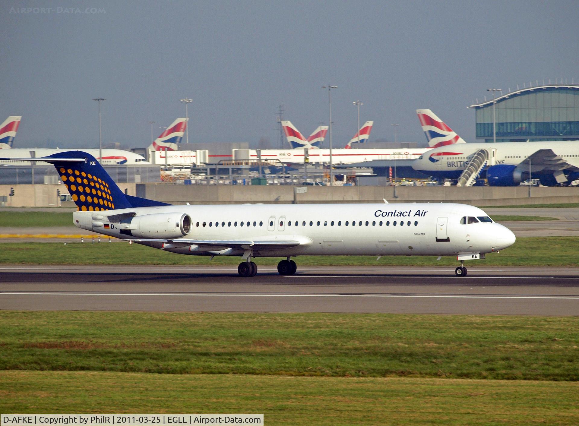 D-AFKE, 1995 Fokker 100 (F-28-0100) C/N 11505, Departing LHR
