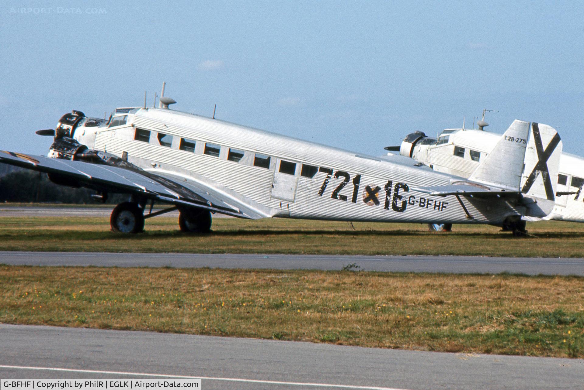 G-BFHF, Junkers (CASA) 352L (Ju-52) C/N 166, Purchased at auction by Doug Arnold in 1977 and stored in the open at Blackbushe. Sold to Aviodrome Museum, Lelystad for static display in WWII Luftwaffe colours as 1Z+IK.
