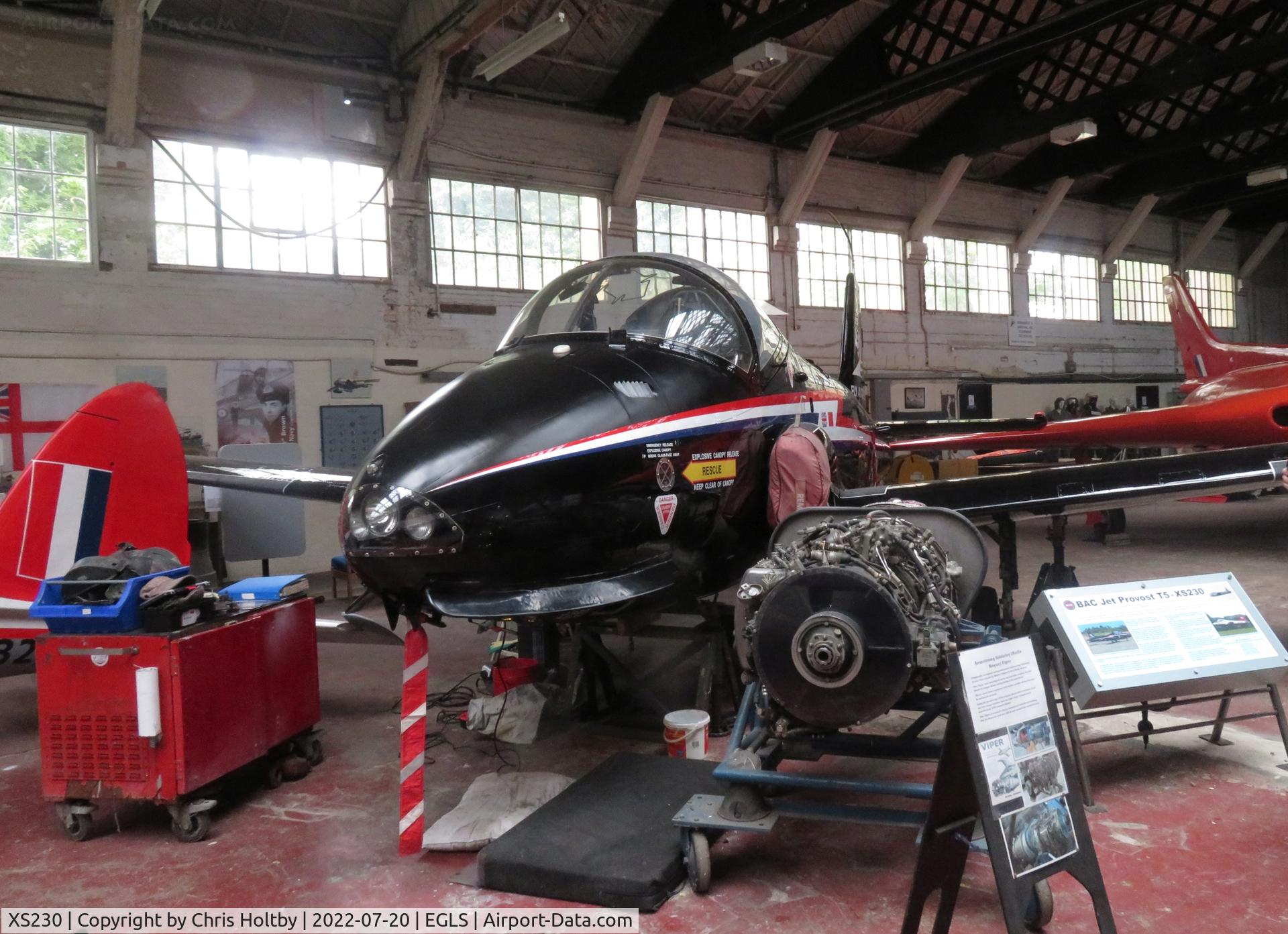 XS230, 1964 BAC 84 Jet Provost T.5P C/N PAC/W/23907, In its new black livery on display at Boscombe Down Aviation Collection at Old Sarum, Wilts.