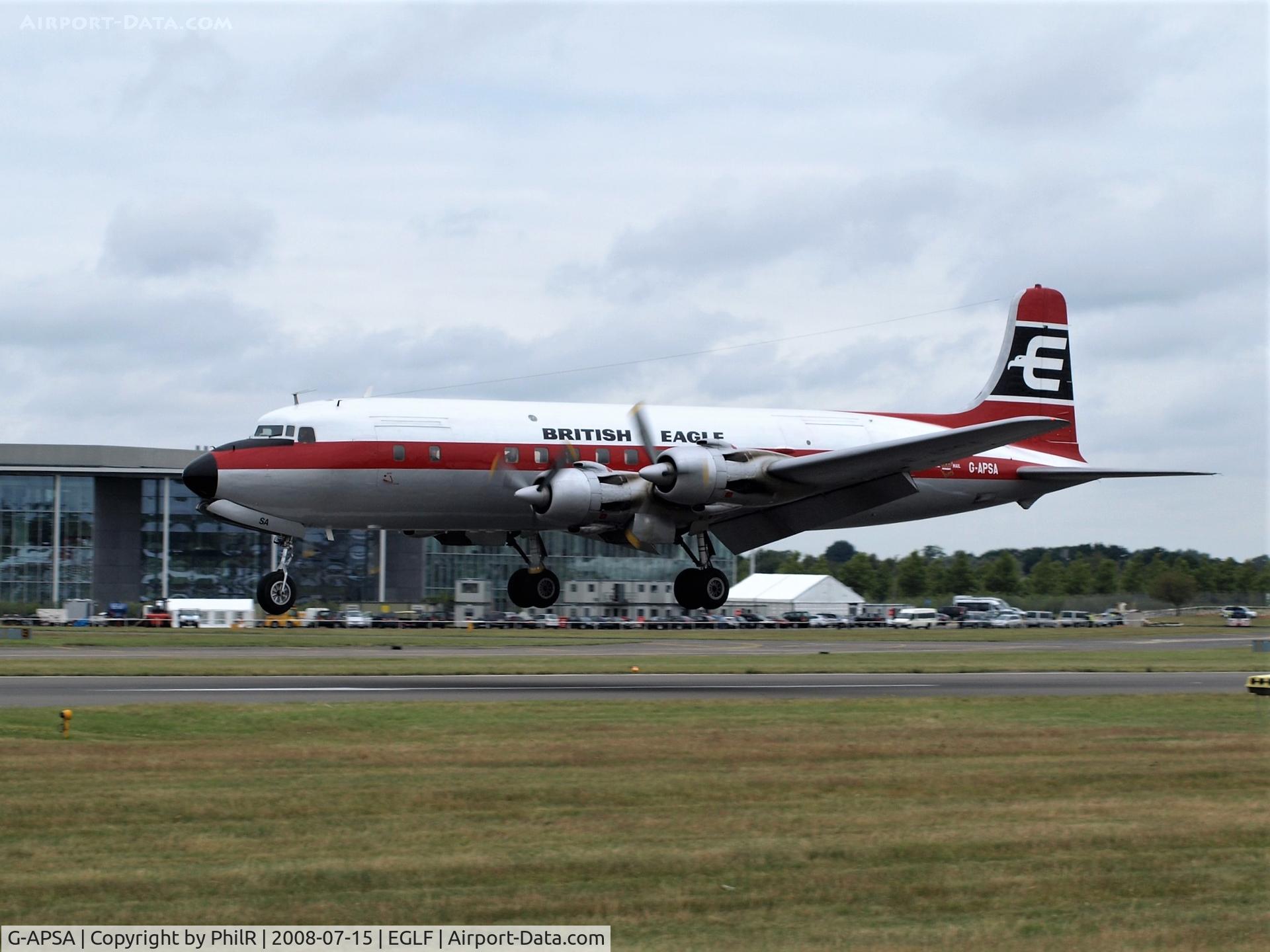 G-APSA, 1958 Douglas DC-6A C/N 45497, Landing at Farnborough to participate in the 2008 Farnborough Air Show. Since grounded due wing corosion and expected to be displayed at St Astan.