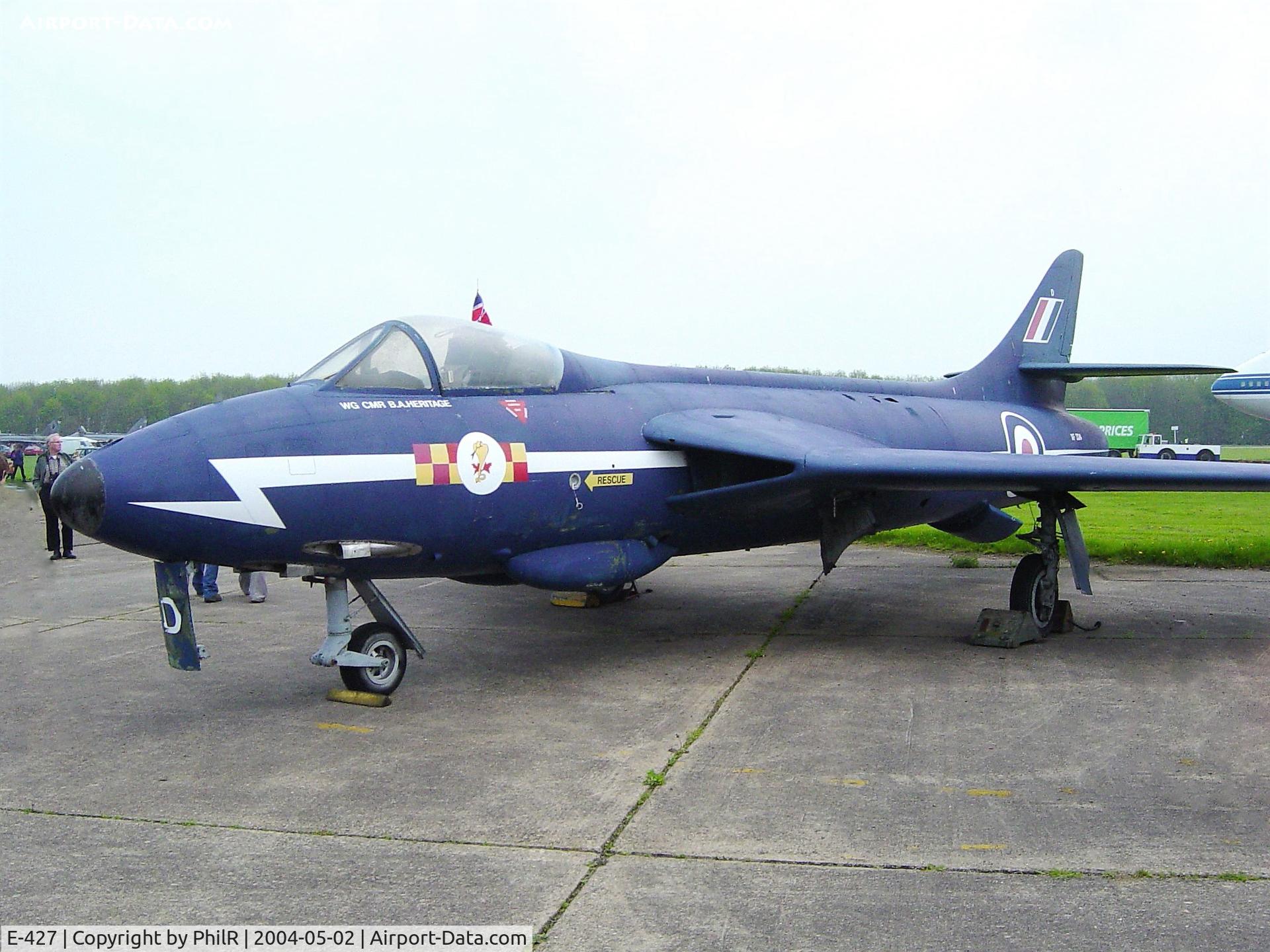 E-427, 1956 Hawker Hunter F-51 C/N 41H-680286, On display at the May 2004 Bruntingthorpe Open Day, alas no more. Really a mark F51 ex E-427 of the Danish Air Force.