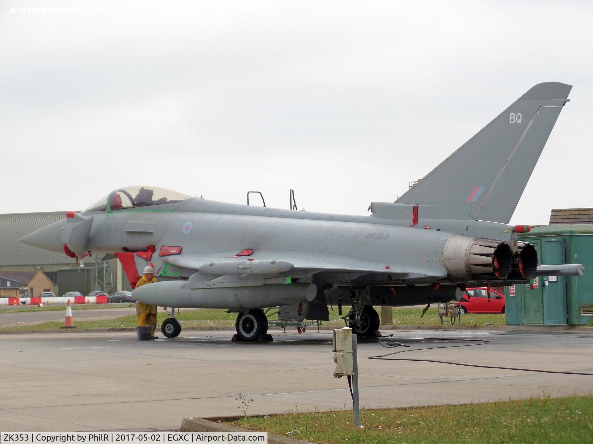 ZK353, 2013 Eurofighter EF-2000 Typhoon FGR4 C/N BS114/411, ZK353 2013 BAe Typhoon FGR4 being washed at RAF Coningsby 02.05.17(1)