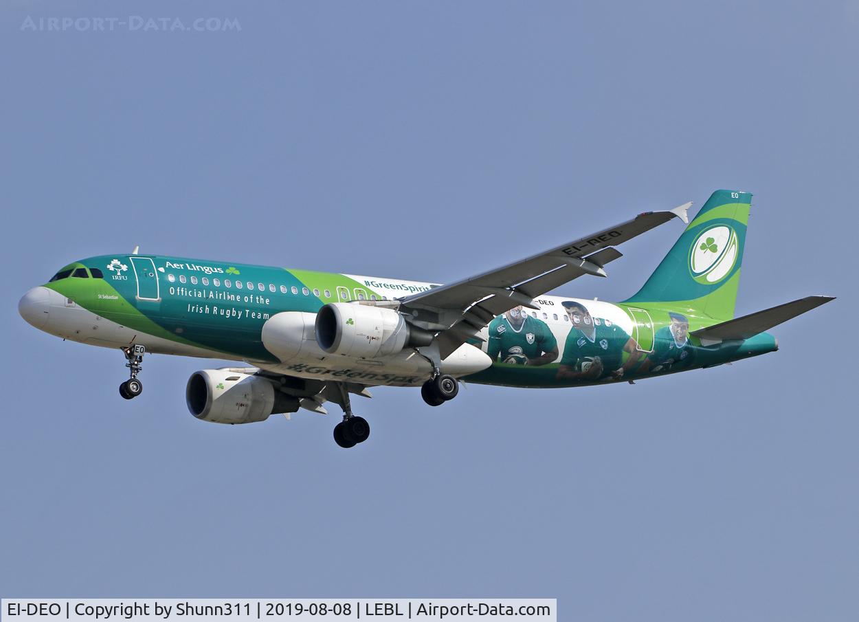 EI-DEO, 2005 Airbus A320-214 C/N 2486, Landing rwy 25R in Ireland Rugby Team c/s