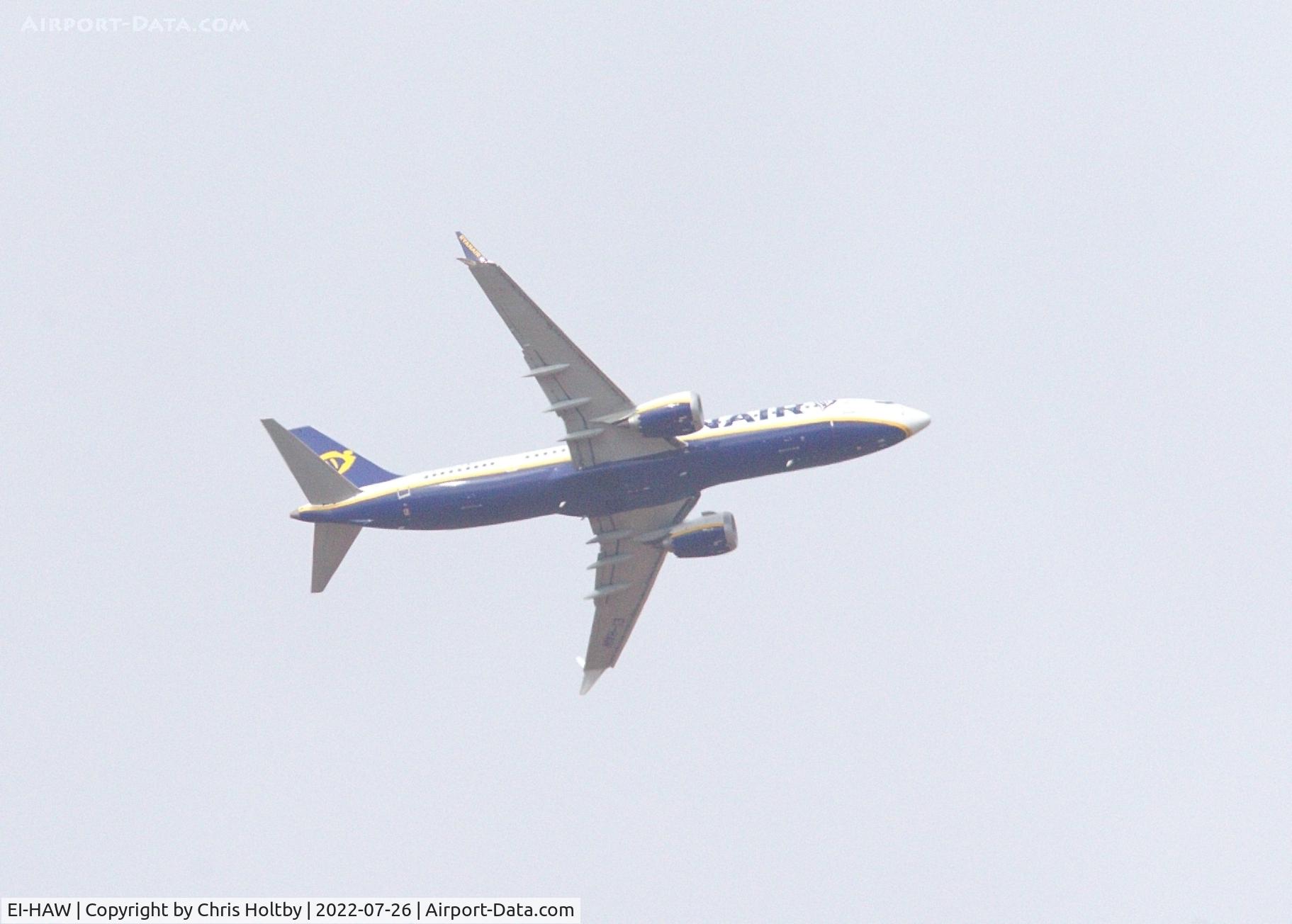 EI-HAW, 2019 Boeing 737-8-200 MAX C/N 65078, Turning over Ware, Herts. to go into Stansted Airport, Essex