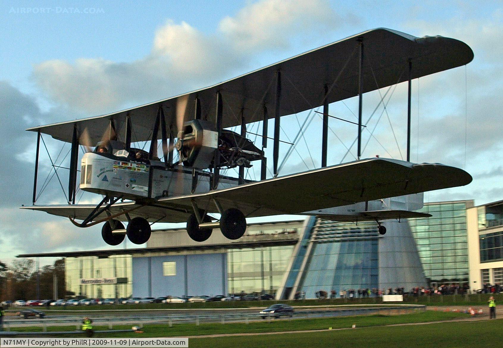N71MY, 1994 Vickers FB-27A Vimy (replica) C/N 01, 1994 Vickers Vimy Replica NX71MY landing for the last time at Brooklands on 15.11.09.