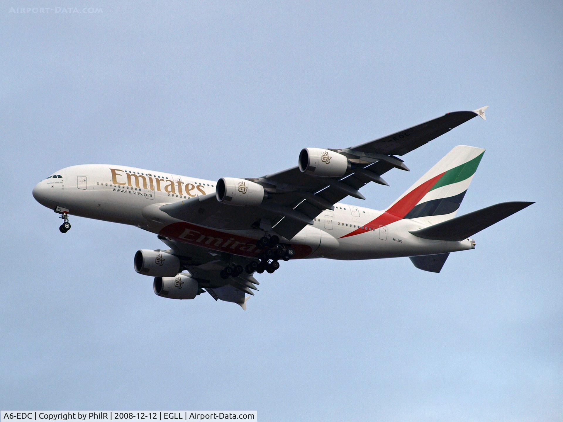 A6-EDC, 2008 Airbus A380-861 C/N 016, Emirates Airbus A380-800 on finals to LHR's 27L