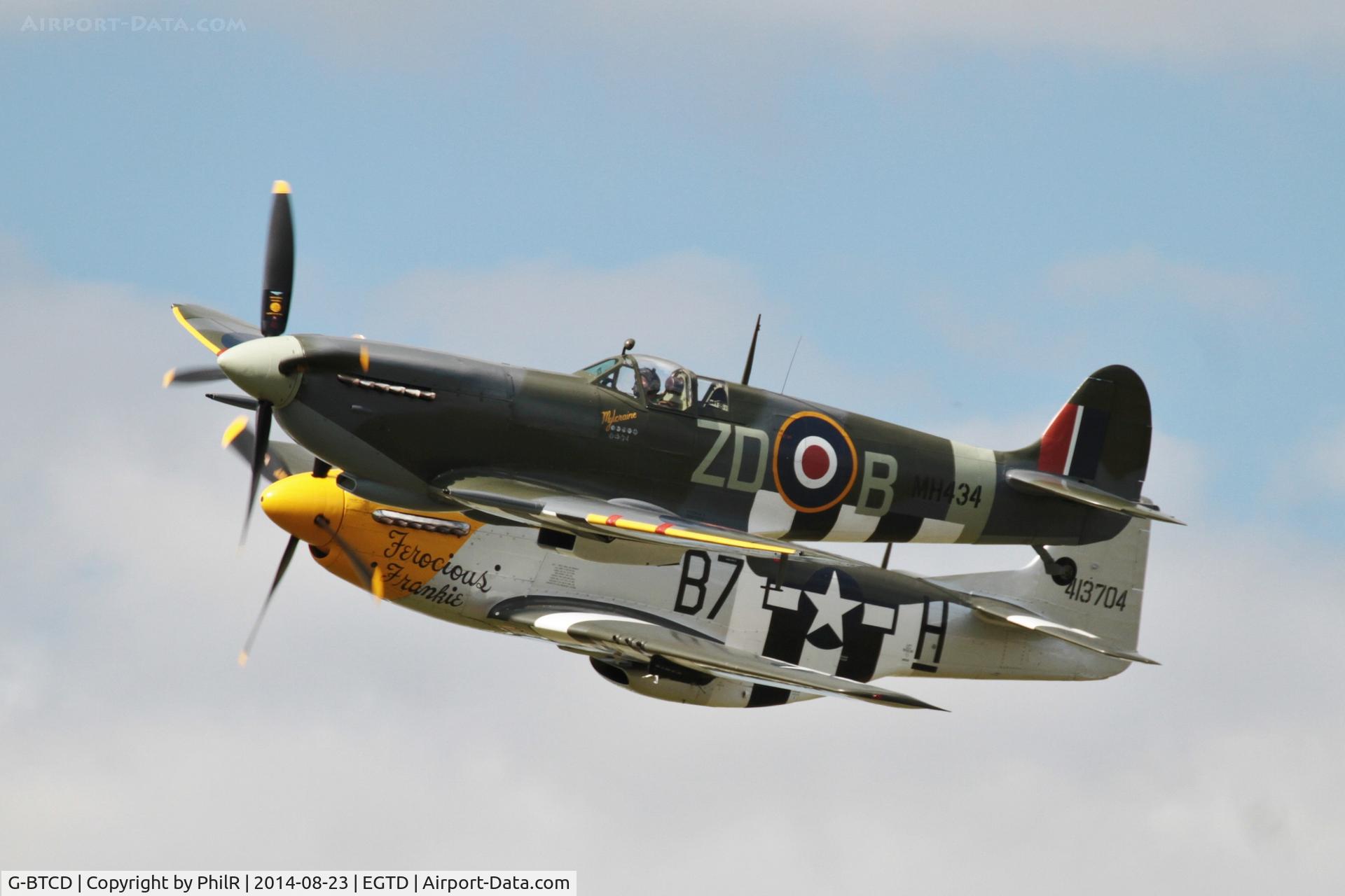 G-BTCD, 1944 North American P-51D Mustang C/N 122-39608, 413704 1944 NA P-51D Mustang & MH434 1944 VS Spitfire IX flying at Wings & Wheels Dunsfold