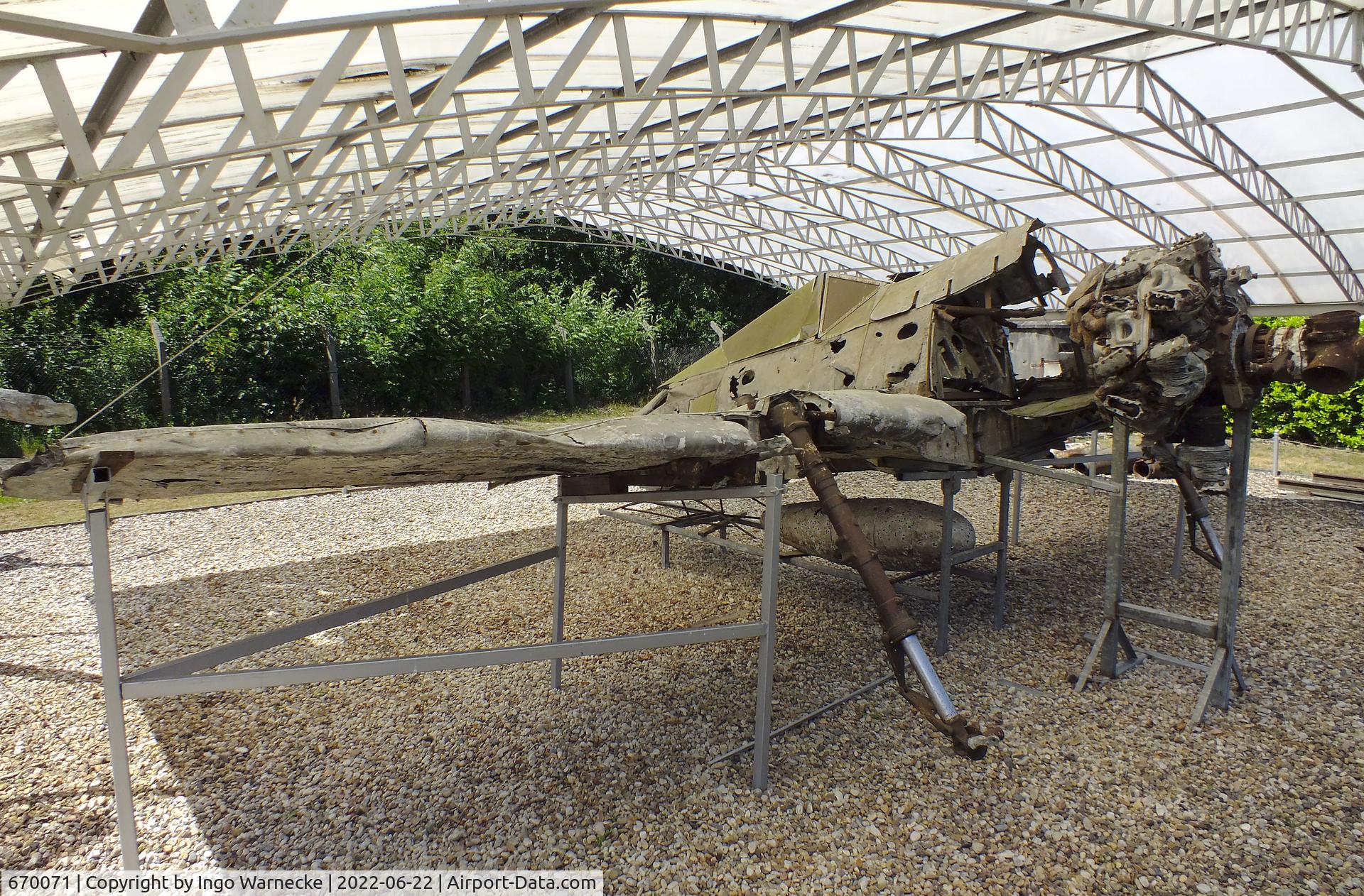 670071, Focke-Wulf Fw-190F-3 C/N Not found 670071, unrestored remains of a Focke-Wulf Fw 190F-3 wreck (forward fuselage and wings) at the Flugplatzmuseum Cottbus (Cottbus airfield museum)