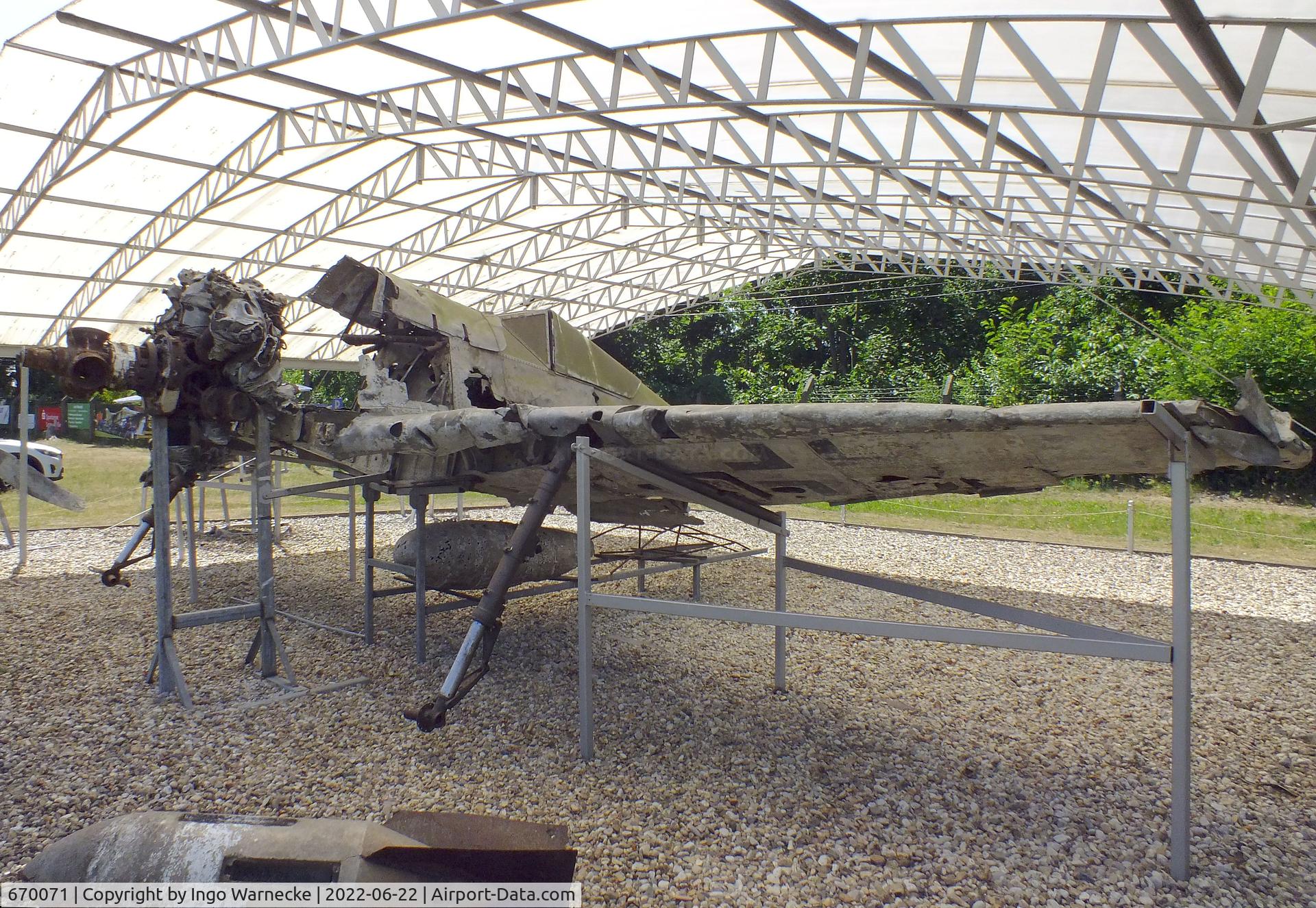 670071, Focke-Wulf Fw-190F-3 C/N Not found 670071, unrestored remains of a Focke-Wulf Fw 190F-3 wreck (forward fuselage and wings) at the Flugplatzmuseum Cottbus (Cottbus airfield museum)