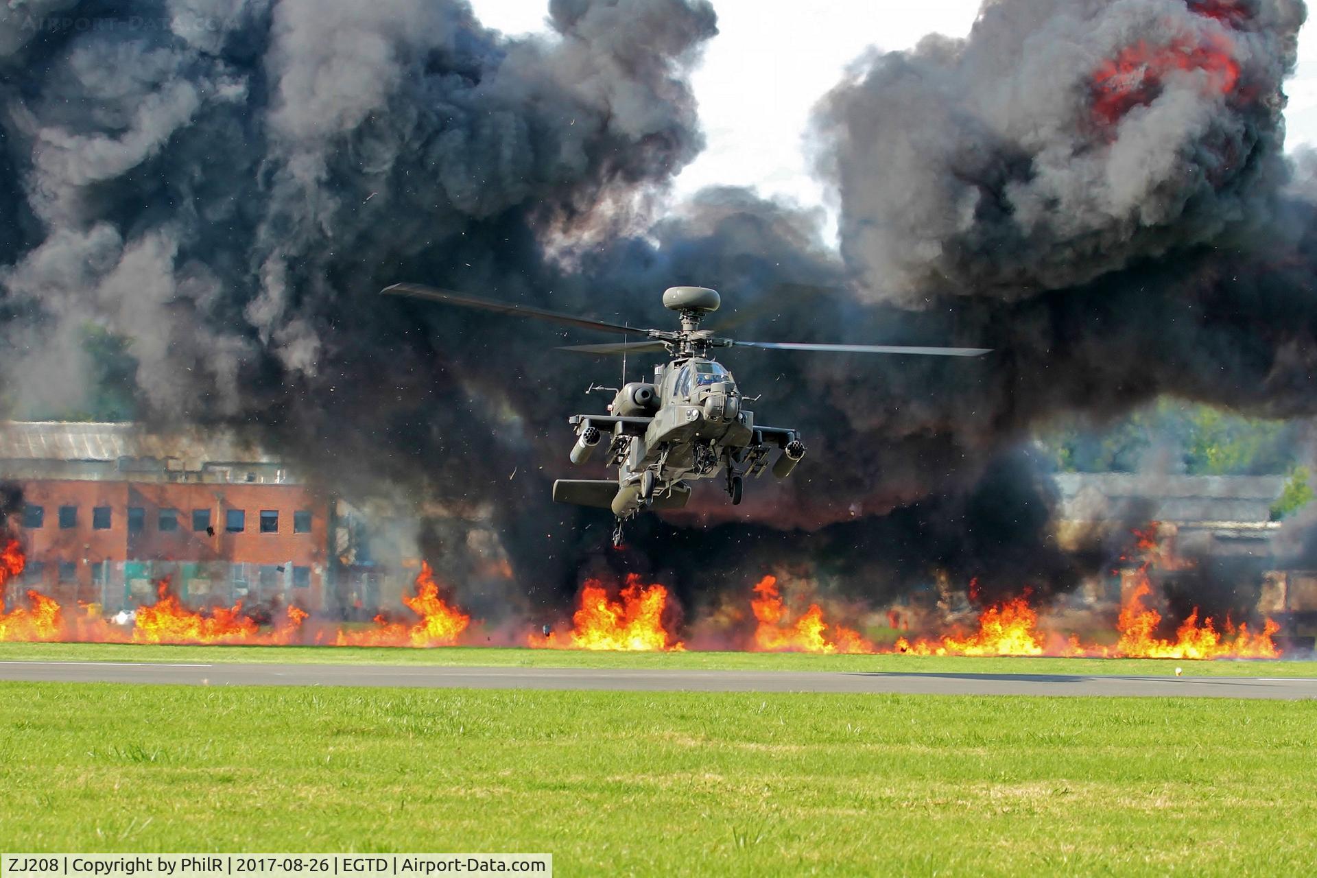 ZJ208, 2003 Westland Apache AH.1 C/N WAH.42, ZJ208 2003 WAH Apache AH1 of the AAC with pyrotechnics display at Wings & Wheels Dunsfold