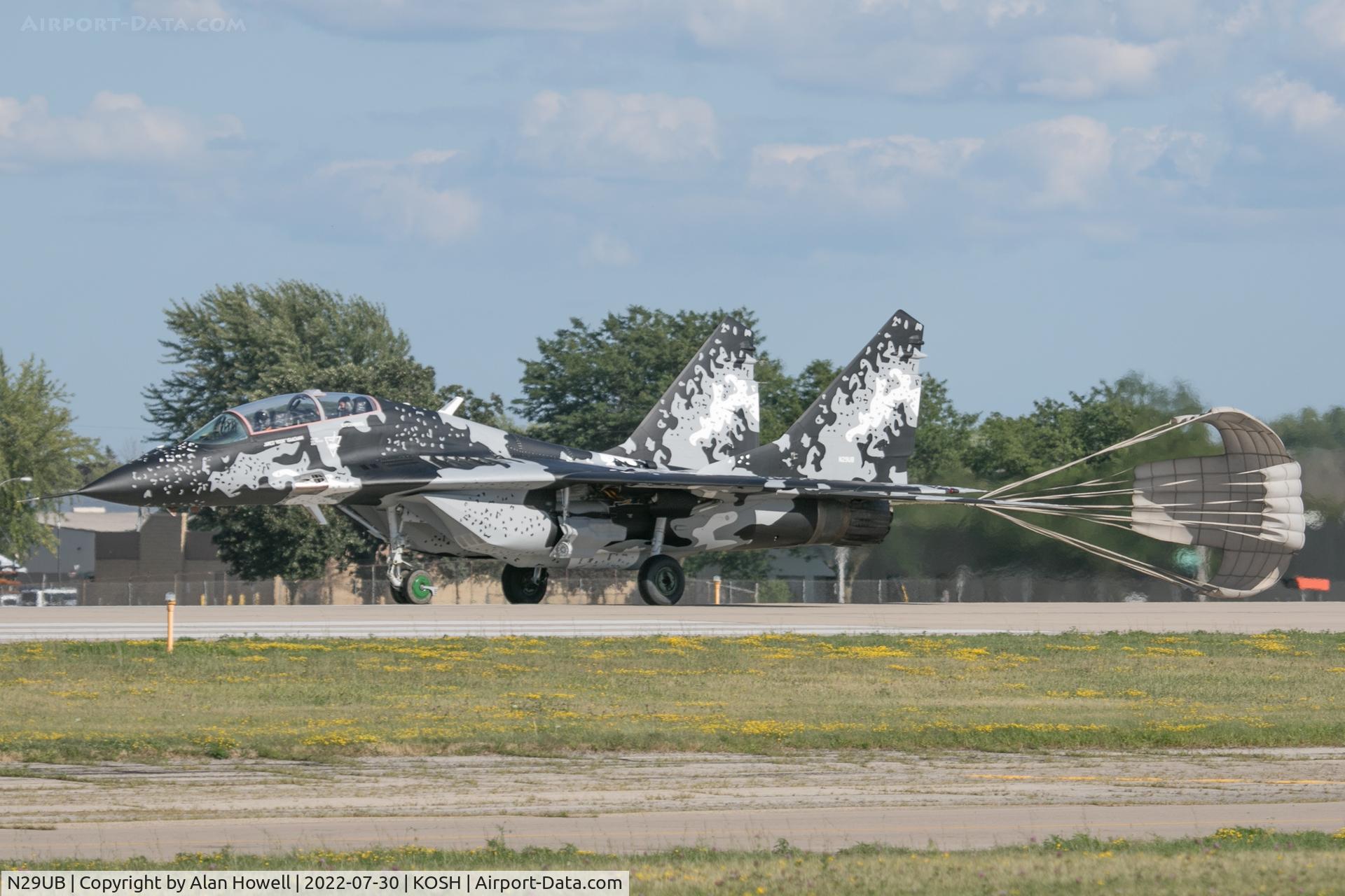 N29UB, 1989 Mikoyan-Gurevich MiG-29UB C/N 50903014896, Rolling out with 'chute after displaying at AirVenture 2022