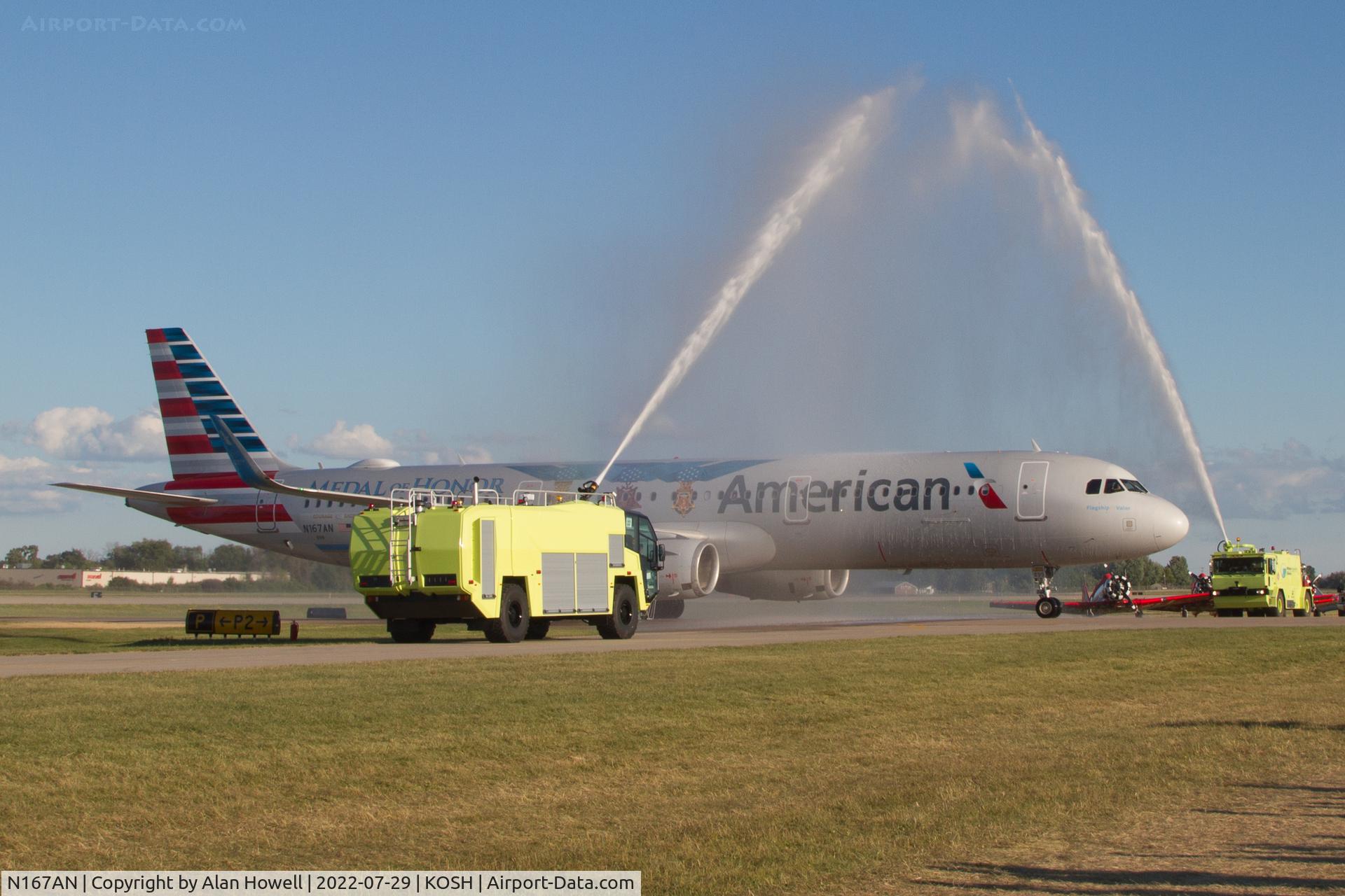 N167AN, 2016 Airbus A321-231 C/N 7013, Traditional water salute on return to AirVenture 2022 after veterans' Honor Flight to Washington