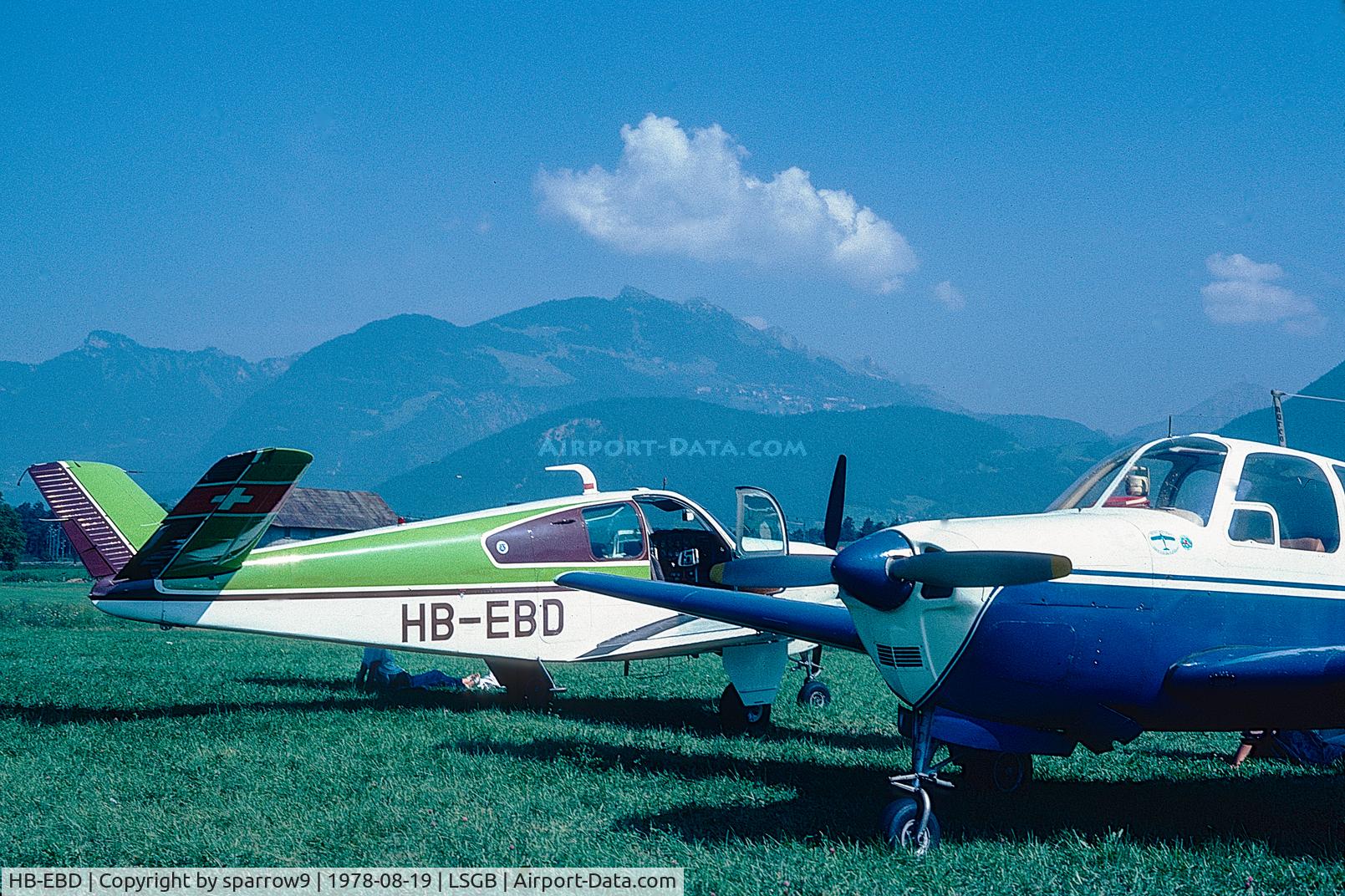 HB-EBD, 1948 Beech 35 Bonanza C/N D-1184, After the N-registration it became HB-registered 1958-12-18 until 1964-04-10. It was registered as F-BMCO 1964-08-19. In june 1973 it was reregistered as HB-EBD. It was damaged on the ground at LSGL by another aircraft. Scanned from a slide.