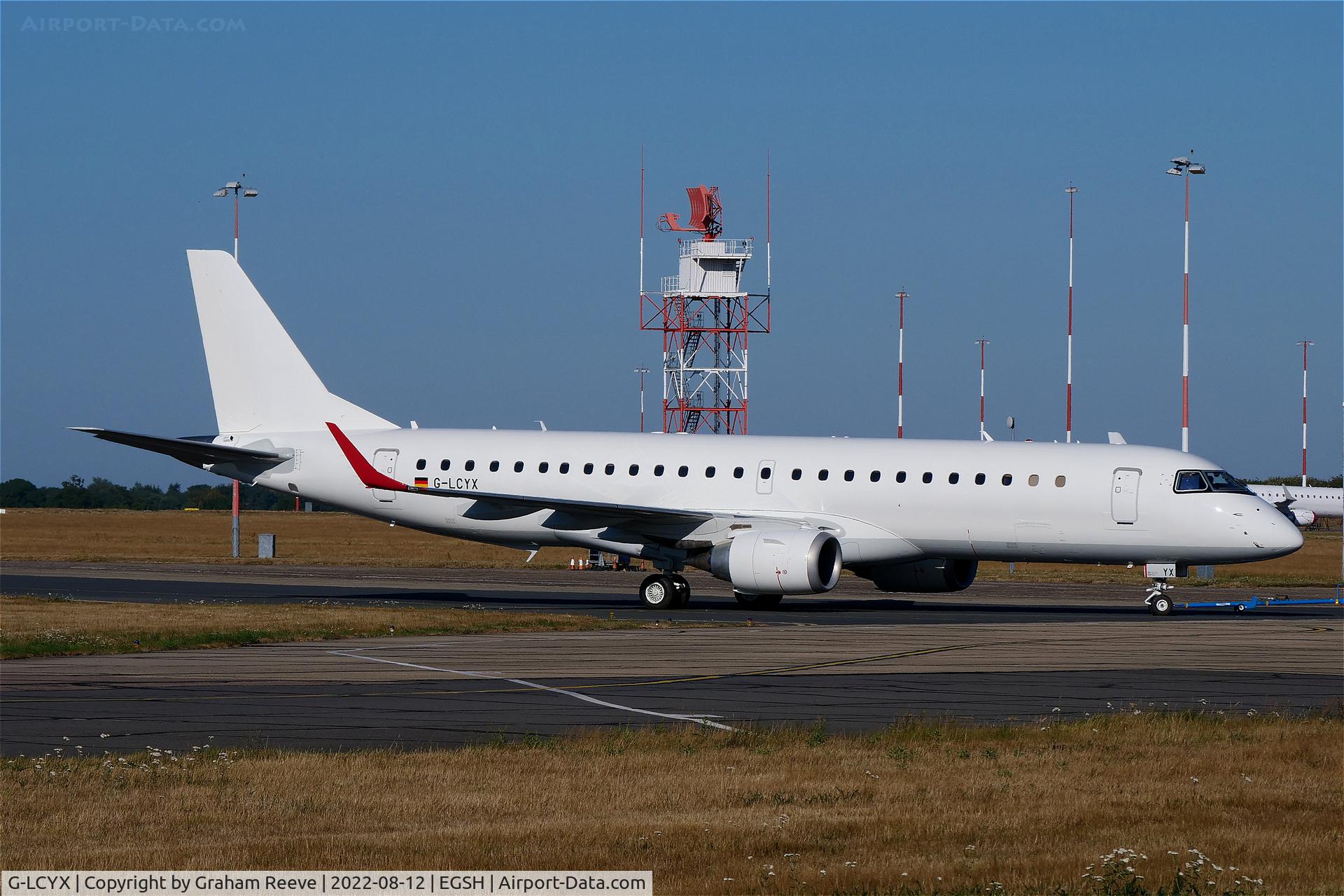 G-LCYX, 2008 Embraer 190LR (ERJ-190-100LR) C/N 19000178, Under tow after a re-spray.