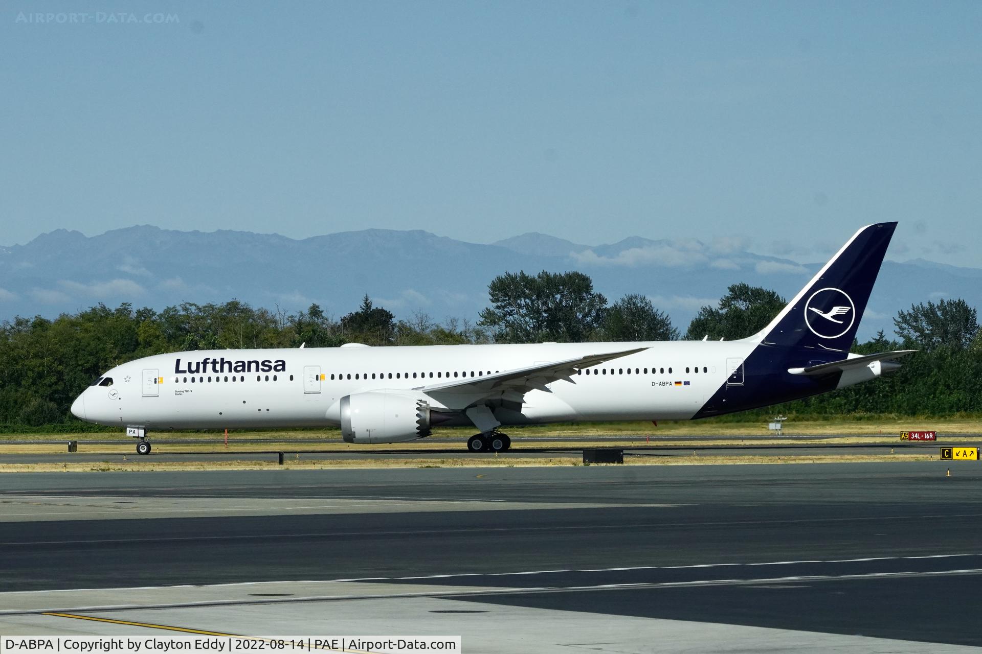 D-ABPA, 2019 Boeing 787-9 Dreamliner Dreamliner C/N 62730, Lufthansa first 787-9 Dreamliner will be named 'Berlin'. Paine Field Washington 2022.