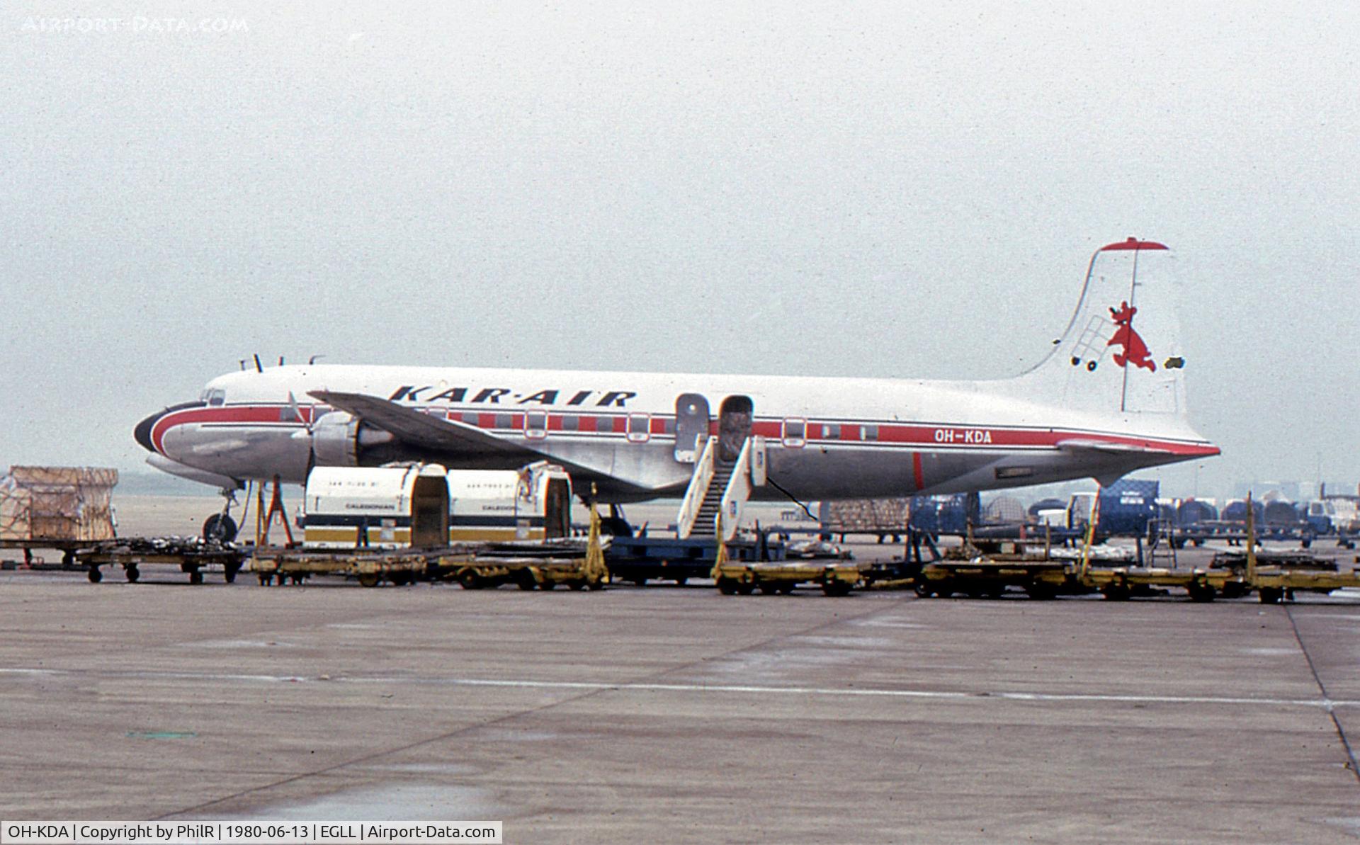 OH-KDA, 1957 Douglas DC-6B C/N 45202, Kar-Air 1957 DC-6B Swingtail OH-KDA LHR