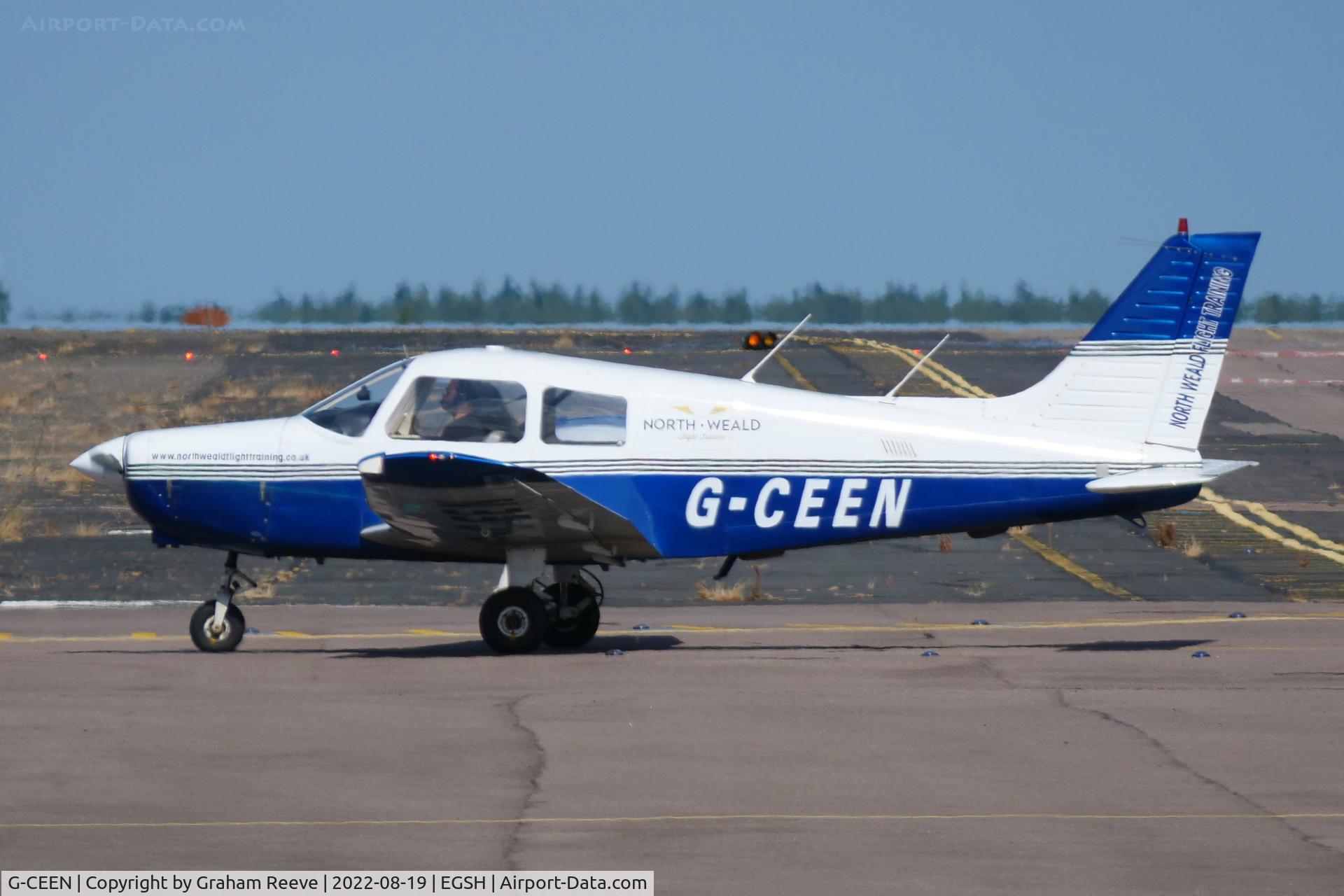 G-CEEN, 1990 Piper PA-28-161 Cadet C/N 2841293, Just landed at Norwich.