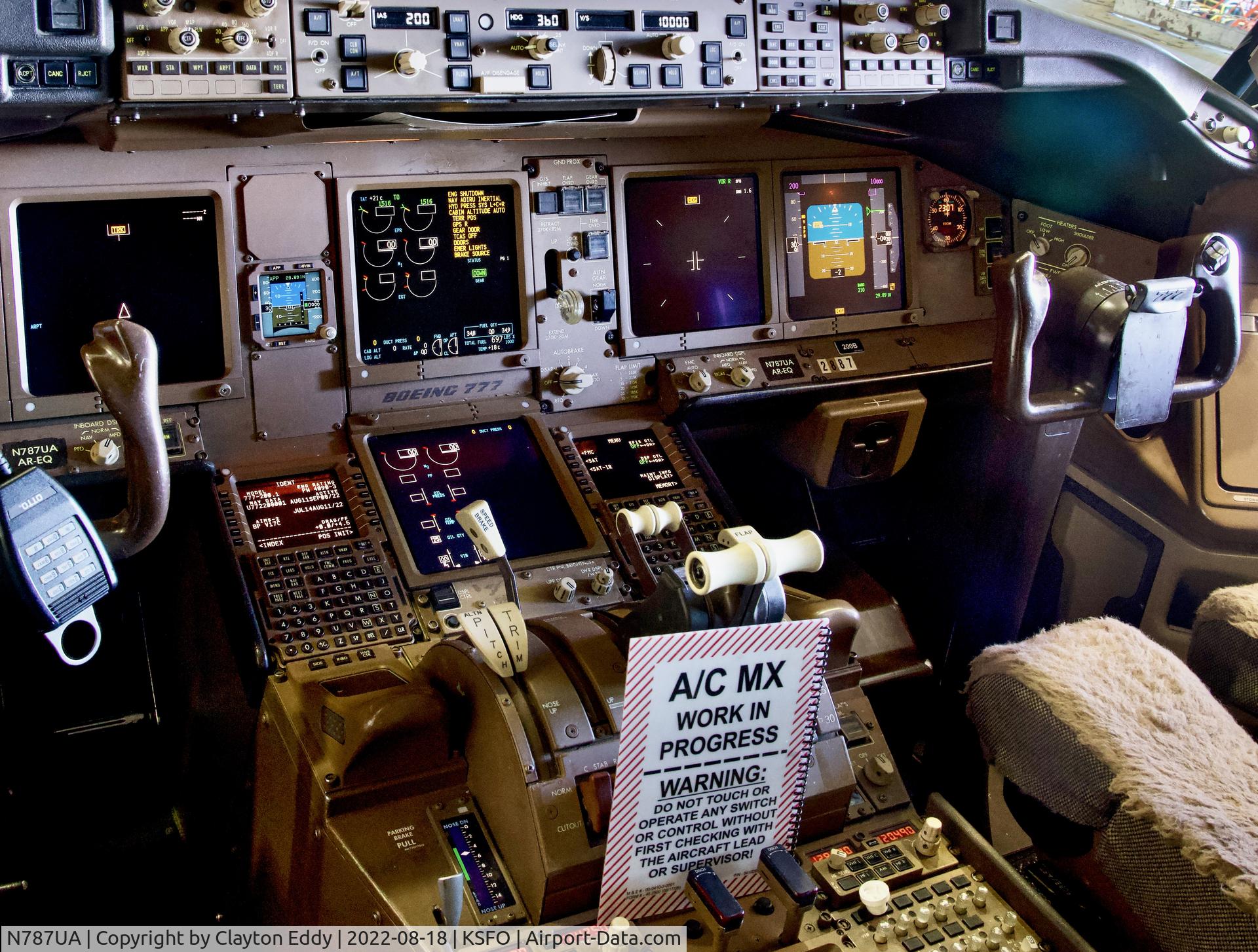 N787UA, 1997 Boeing 777-222 C/N 26939, Flightdeck SFO 2022.