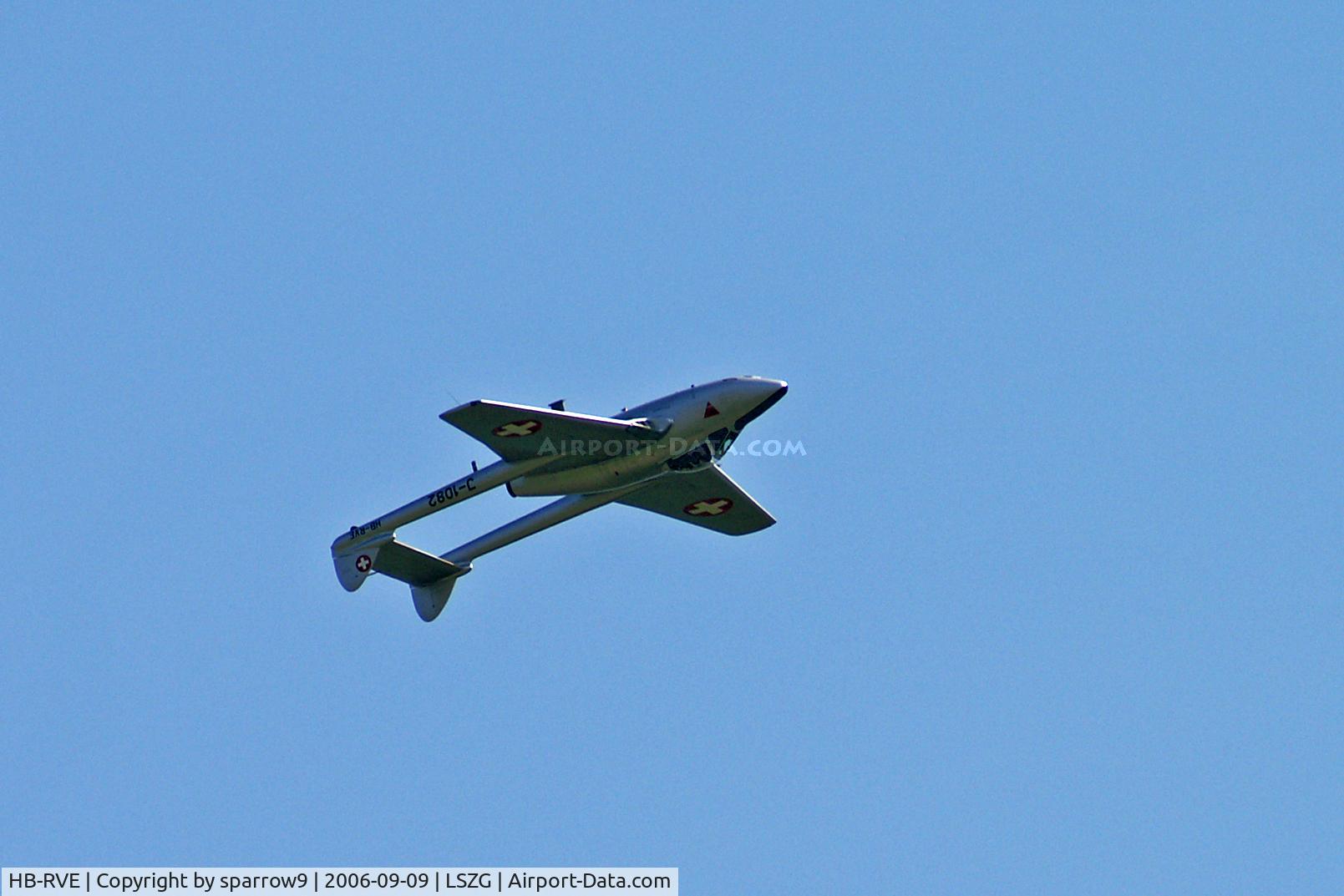 HB-RVE, 1960 De Havilland (F+W Emmen) Vampire FB6 (DH-100) C/N 993, Inverted flight. Airshow Grenchen, 75th birthday of the airport