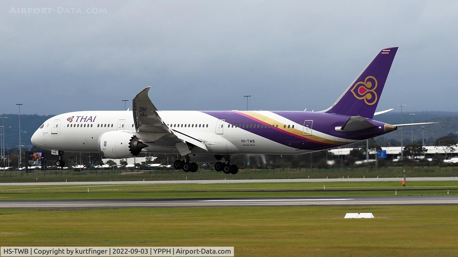 HS-TWB, 2017 Boeing 787-9 Dreamliner Dreamliner C/N 38780, Boeing 787-9 cn 38780-623. Thai Airways International HS-TWB name Phrom Buri, rwy 03 YPPH 03 September 2022