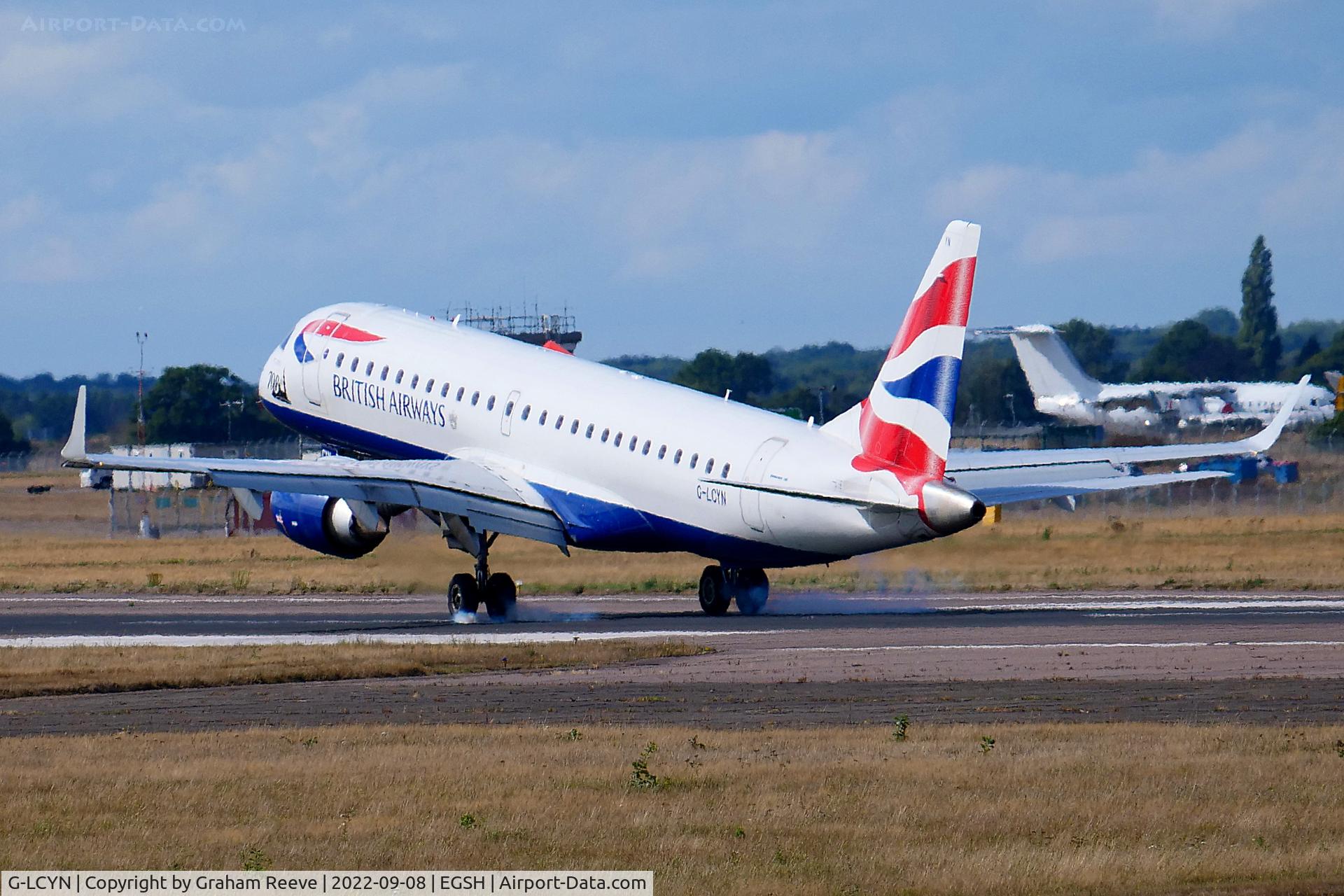 G-LCYN, 2010 Embraer 190SR (ERJ-190-100SR) C/N 19000392, Landing at Norwich.