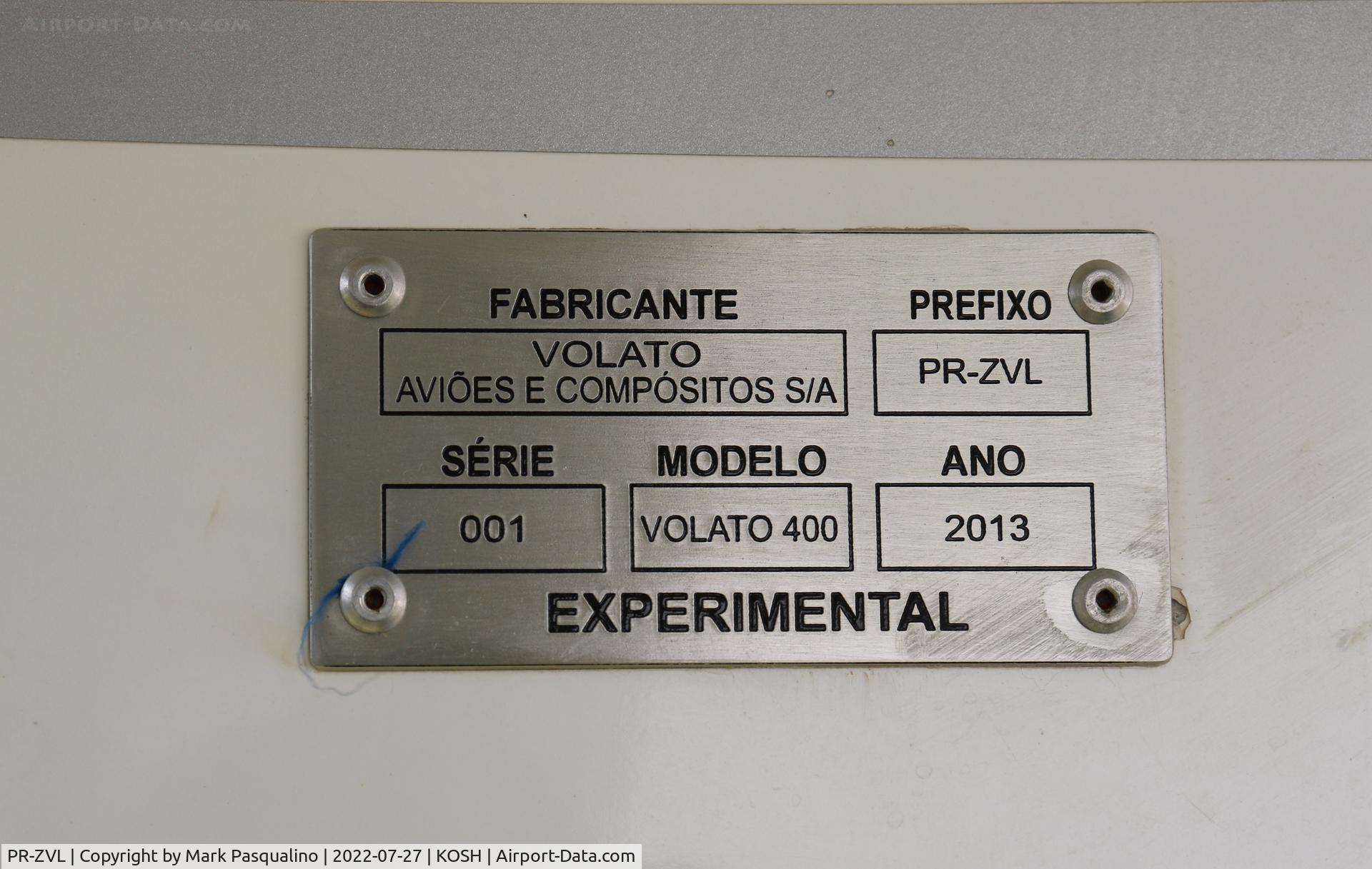 PR-ZVL, 2013 Volato 400 C/N 001, Volato 400 Data Plate