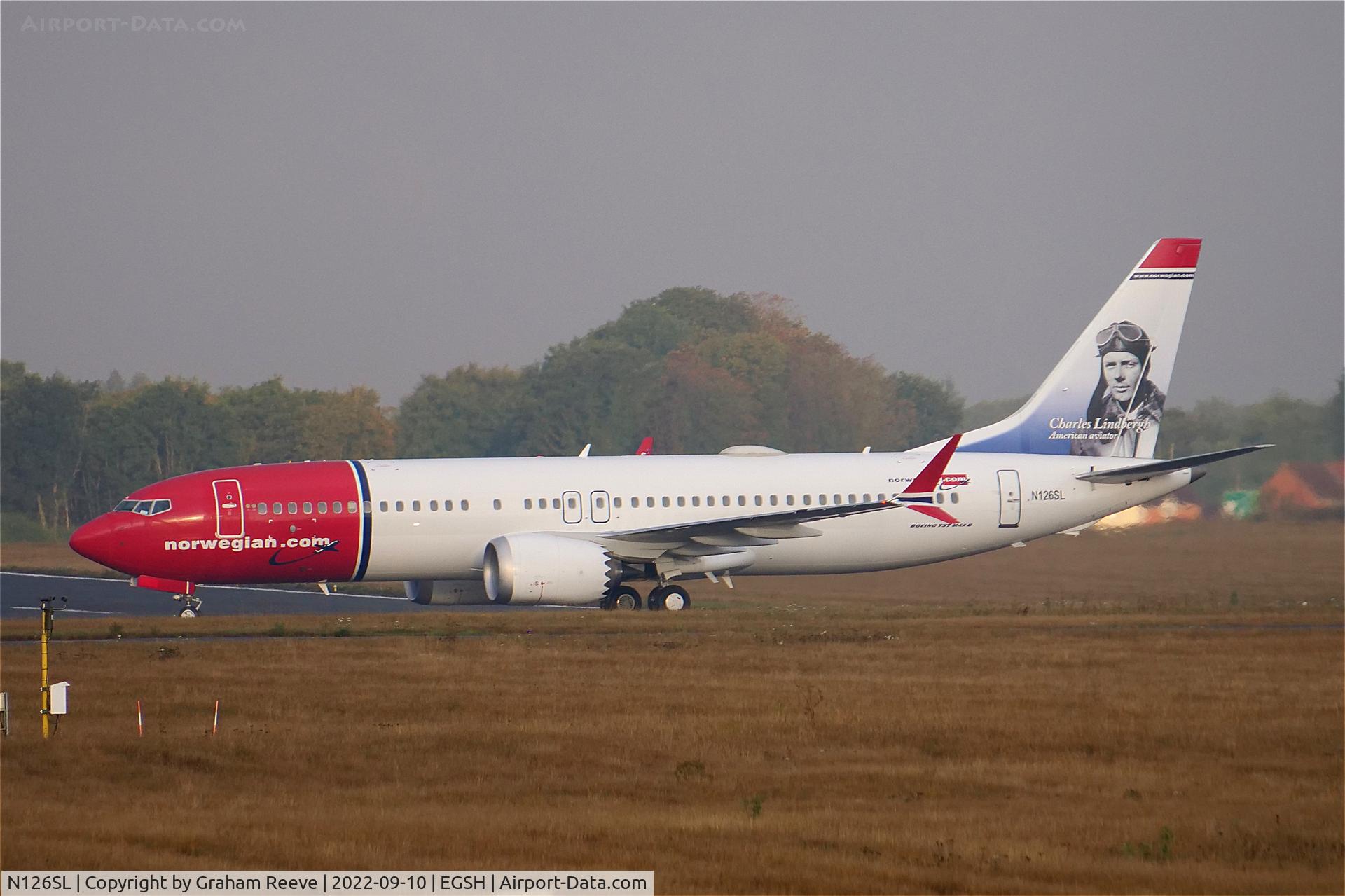 N126SL, 2018 Boeing 737-8 MAX C/N 42835, Just landed at Norwich.