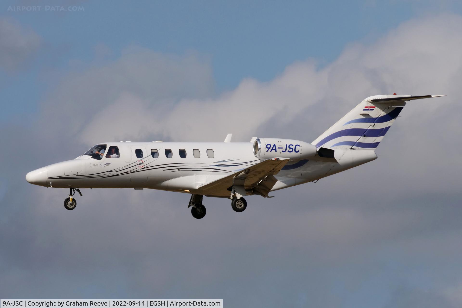 9A-JSC, 2001 Cessna 525A CitationJet CJ2 C/N 525A-0049, Landing at Norwich.