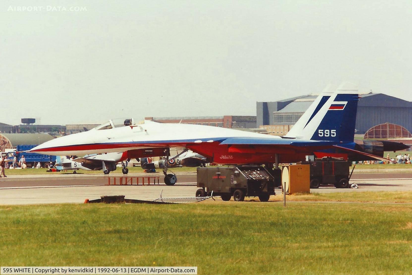 595 WHITE, Sukhoi Su-27P C/N 36911037511, At Boscombe Down, scanned from print.