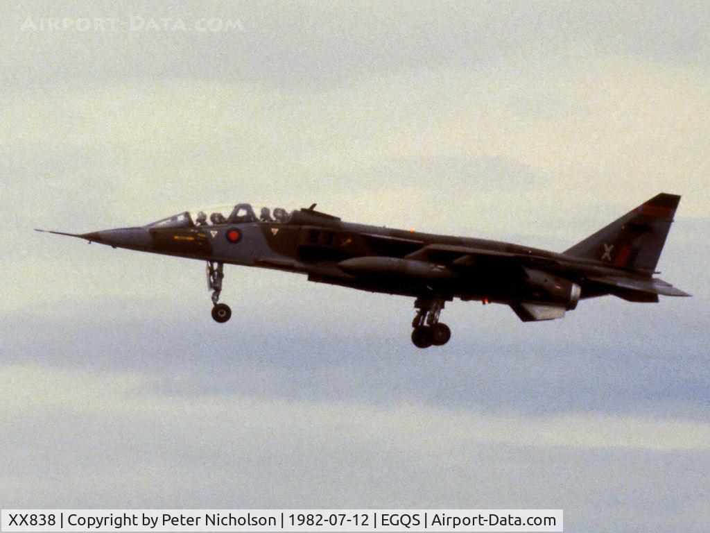 XX838, 1975 Sepecat Jaguar T.4 C/N B26, Jaguar T.2 coded X of 226 Operational Conversion Unit on final approach to RAF Lossiemouth in the Summer of 1982.