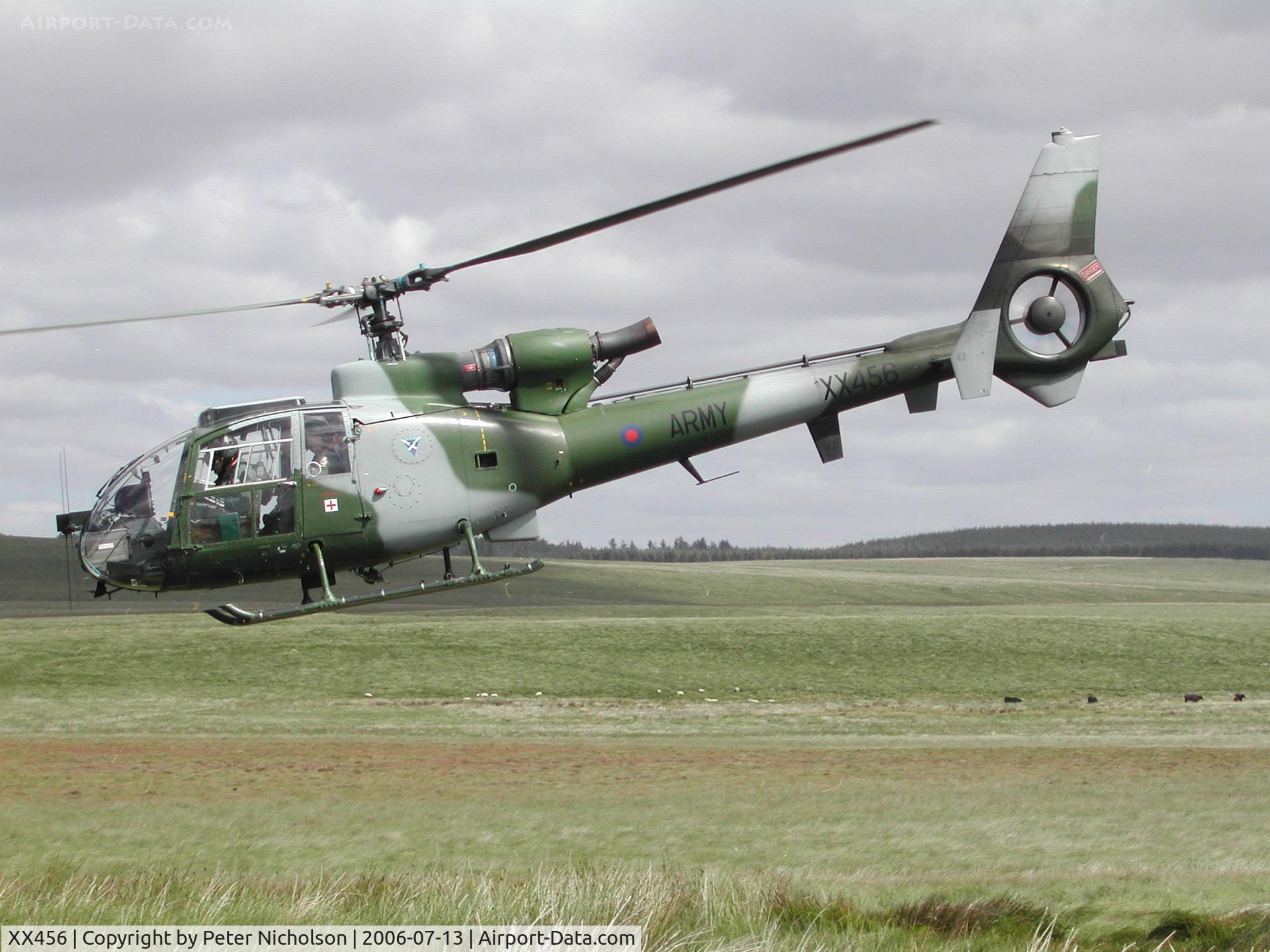 XX456, 1976 Westland SA-341B Gazelle AH1 C/N 1465, Gazelle AH.1, callsign Army Air 755, of 3(V) Flight Army Air Corps in action in the Summer of 2006.