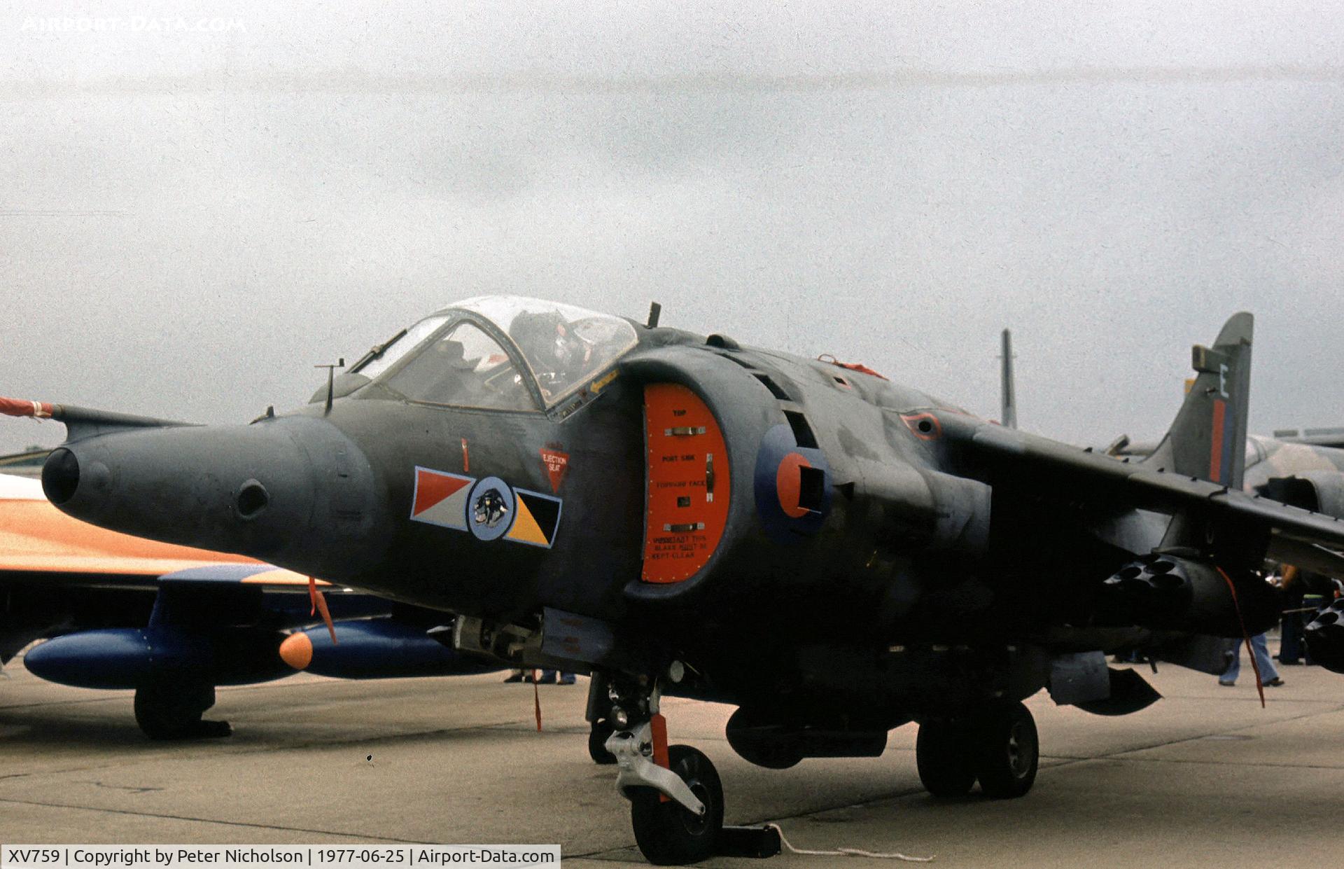 XV759, 1969 Hawker Siddeley Harrier GR.3 C/N 712022, Harrier GR.3 of 230 Operational Conversion Unit at RAF Wittering on display at the 1977 International Air Tattoo at RAF Greenham Common, Berkshire.