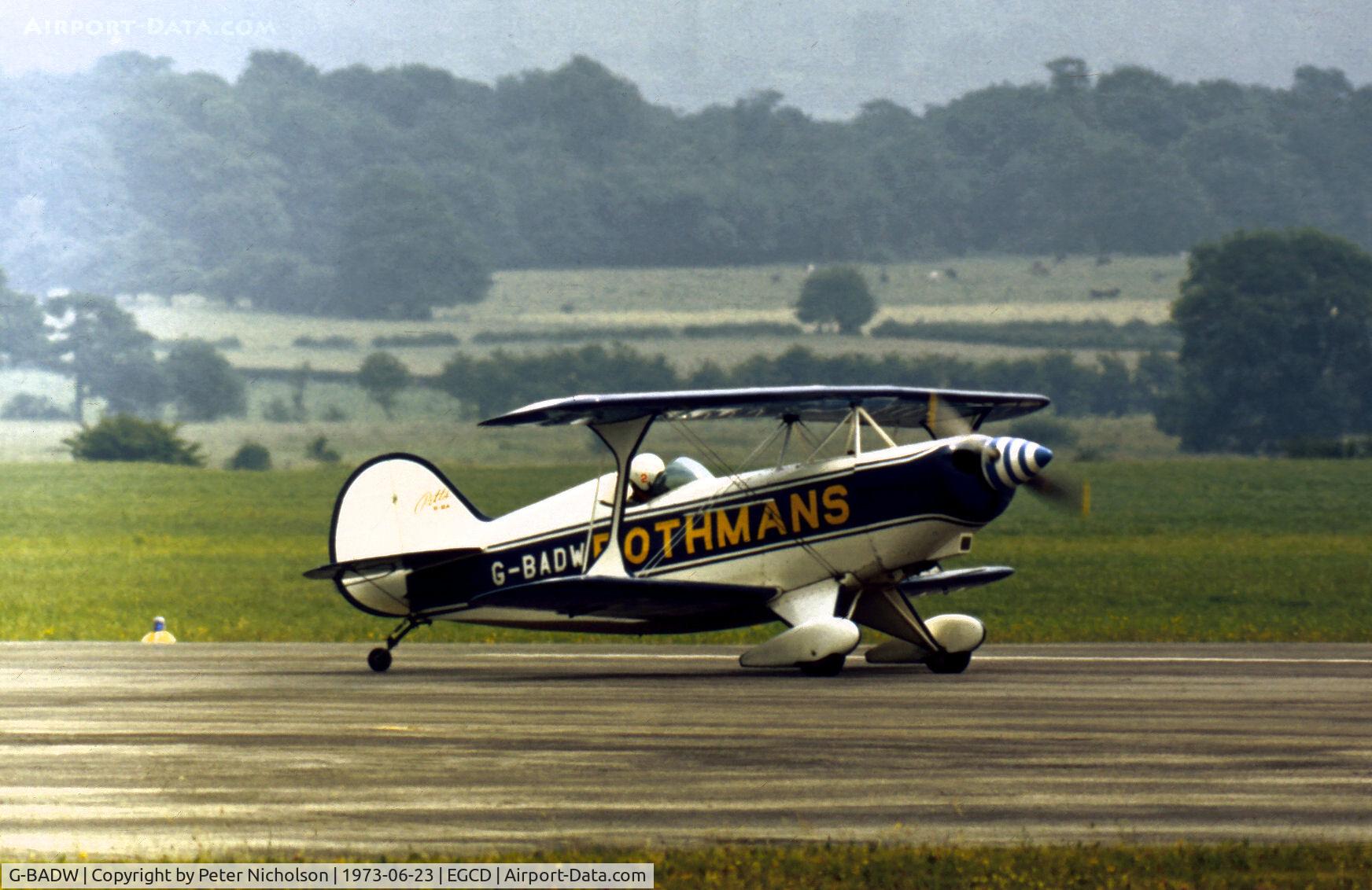 G-BADW, 1972 Aerotek Pitts S-2A Special C/N 2035, Pitts S-2A of the Rothmans aerobatic display team preparing for action at the 1973 Royal Air Force Association Airshow at Woodford.