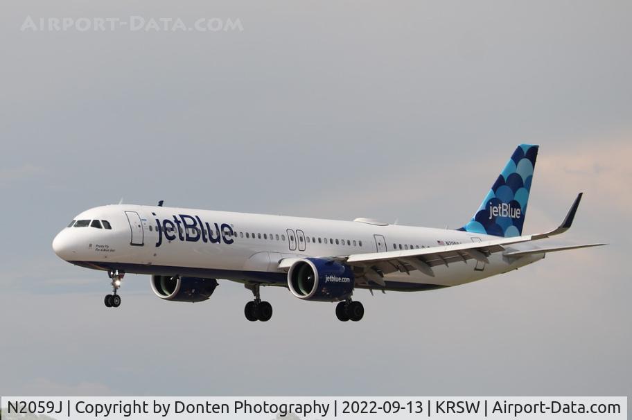 N2059J, 2021 Airbus A321-271NX C/N 9245, JetBlue Flight 527 arrives on Runway 24 at Southwest Florida International Airport following flight from Boston-Logan International Airport